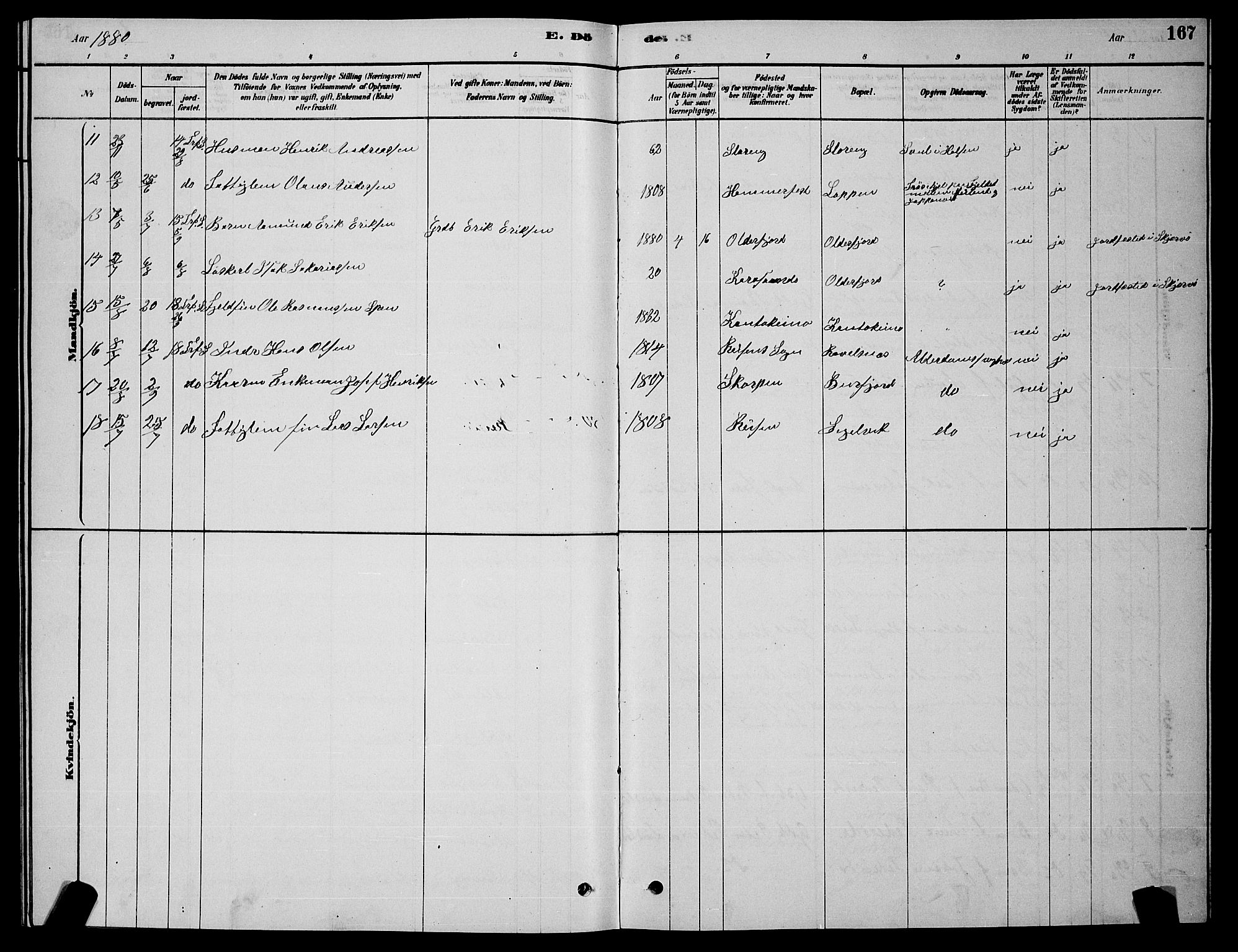 Skjervøy sokneprestkontor, AV/SATØ-S-1300/H/Ha/Hab/L0015klokker: Parish register (copy) no. 15, 1878-1890, p. 167