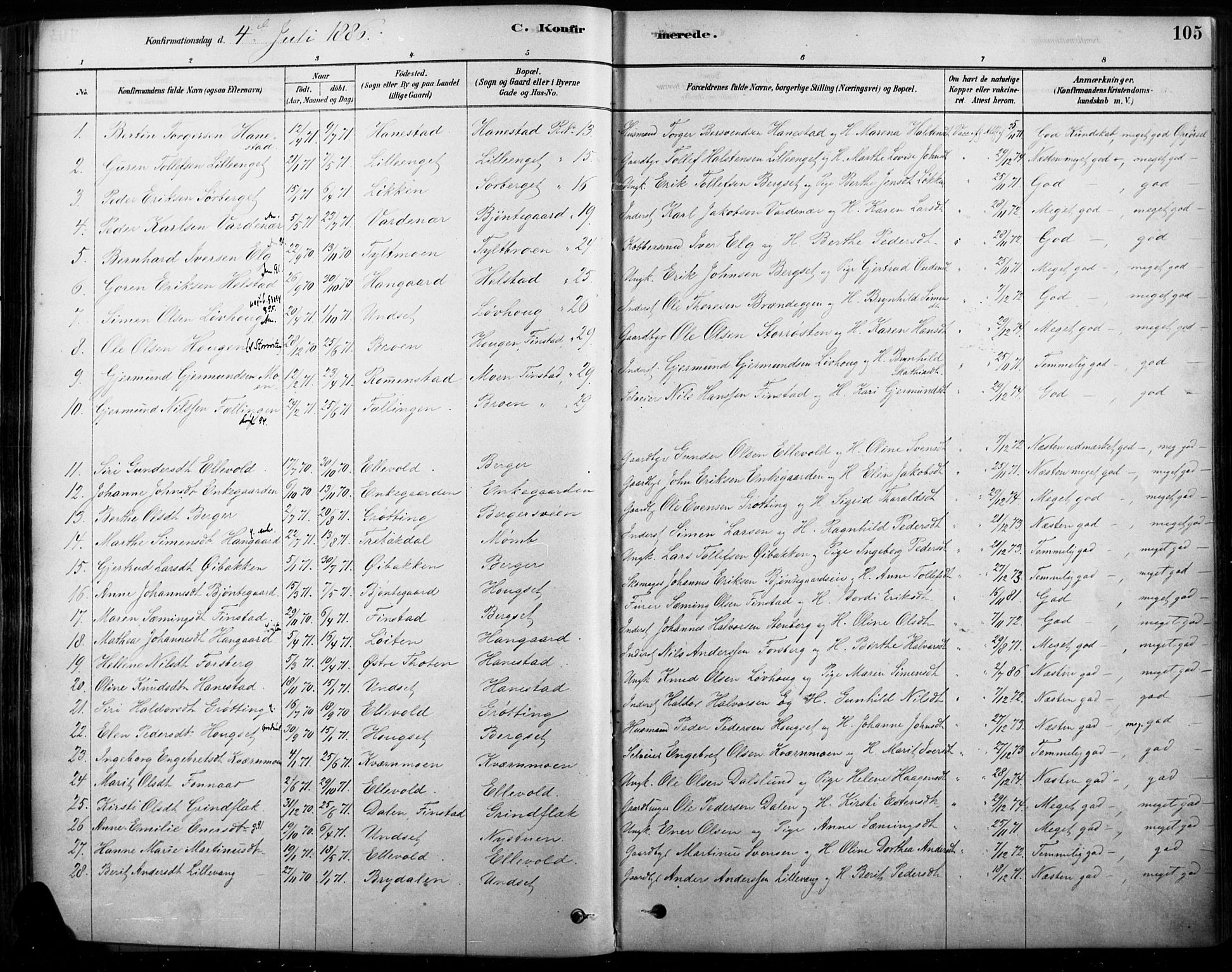 Rendalen prestekontor, SAH/PREST-054/H/Ha/Haa/L0009: Parish register (official) no. 9, 1878-1901, p. 105