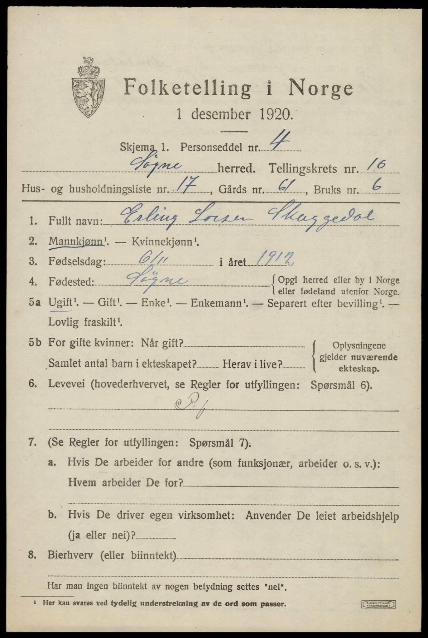 SAK, 1920 census for Søgne, 1920, p. 5589