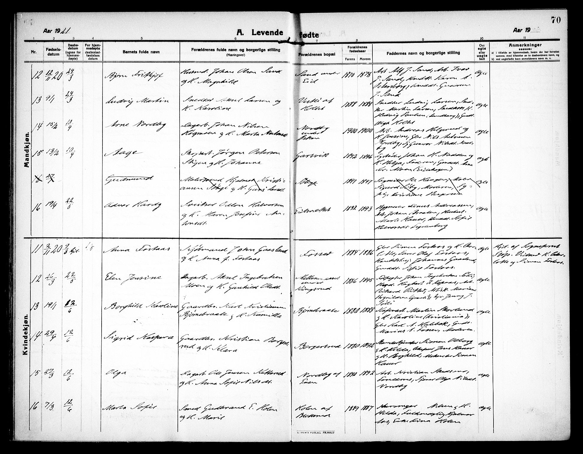 Høland prestekontor Kirkebøker, AV/SAO-A-10346a/F/Fa/L0016: Parish register (official) no. I 16, 1912-1921, p. 70