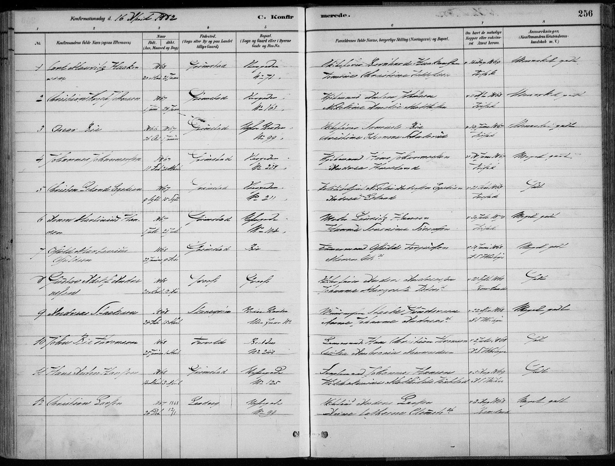 Grimstad sokneprestkontor, SAK/1111-0017/F/Fa/L0003: Parish register (official) no. A 2, 1882-1912, p. 256
