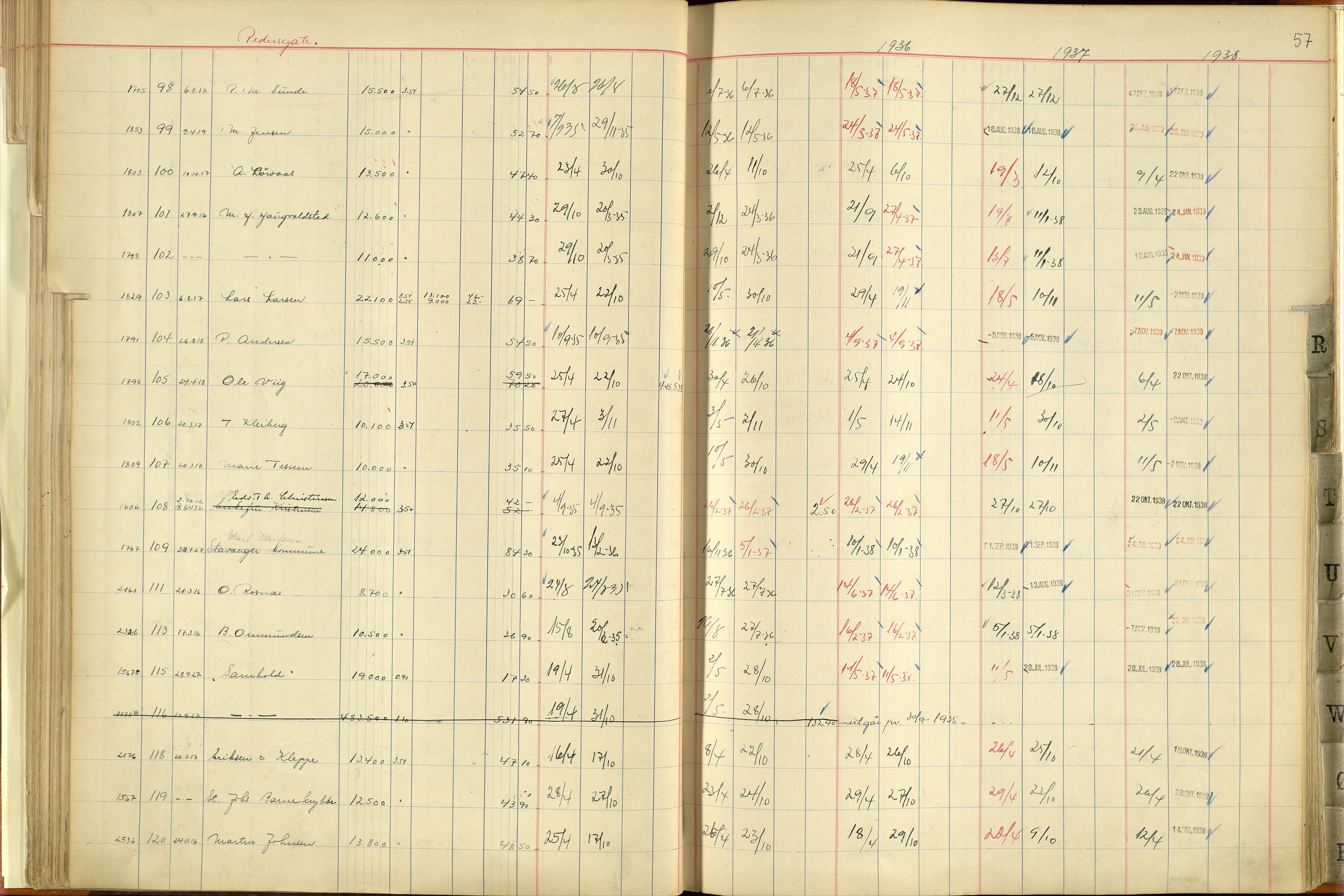 Norges Brannkasse Stavanger, AV/SAST-A-102143/F/Fc/L0005: Brannkontingentprotokoll M-Ø, 1934-1938, p. 56b-57a