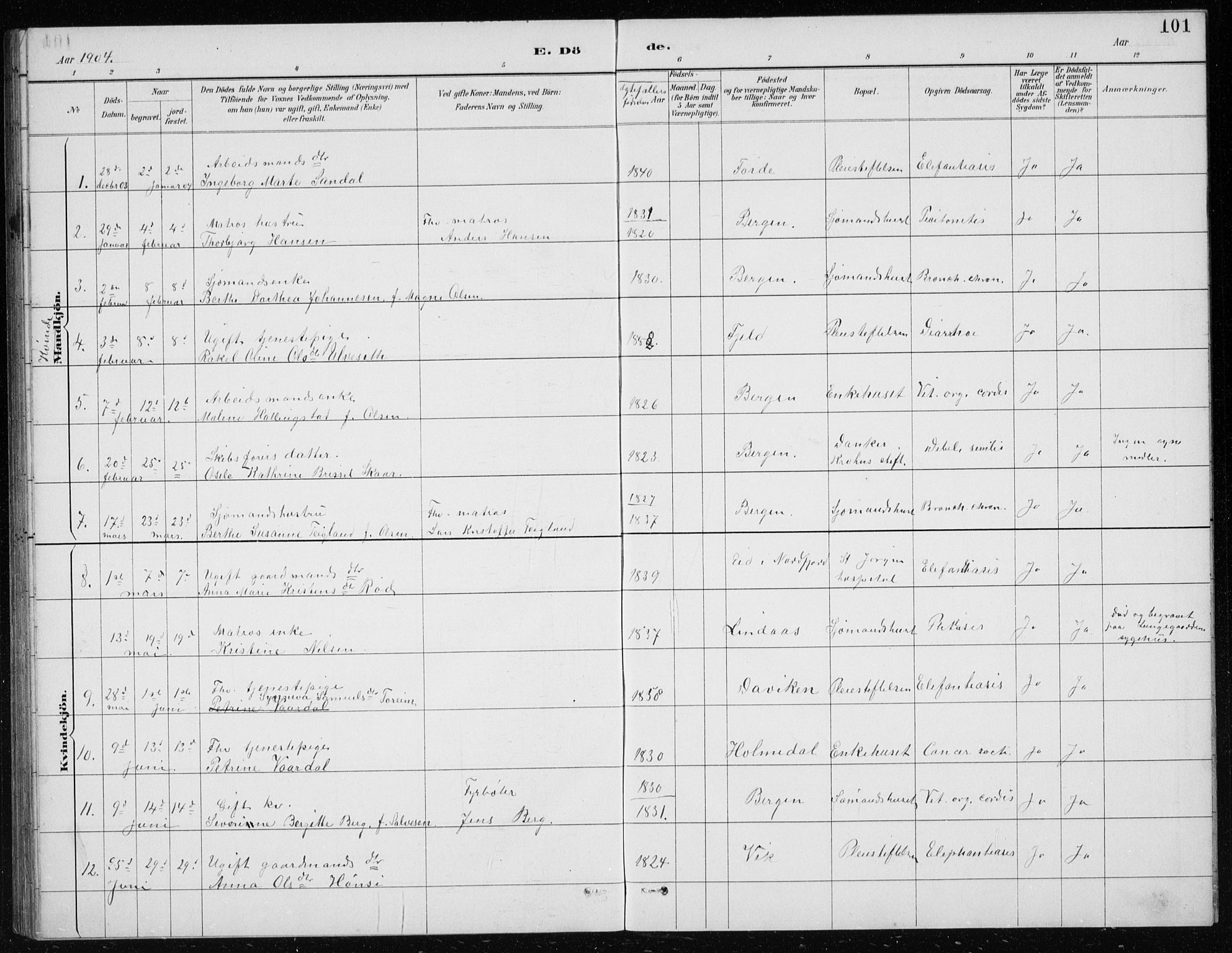 St. Jørgens hospital og Årstad sokneprestembete, AV/SAB-A-99934: Parish register (copy) no. A 10, 1886-1910, p. 101