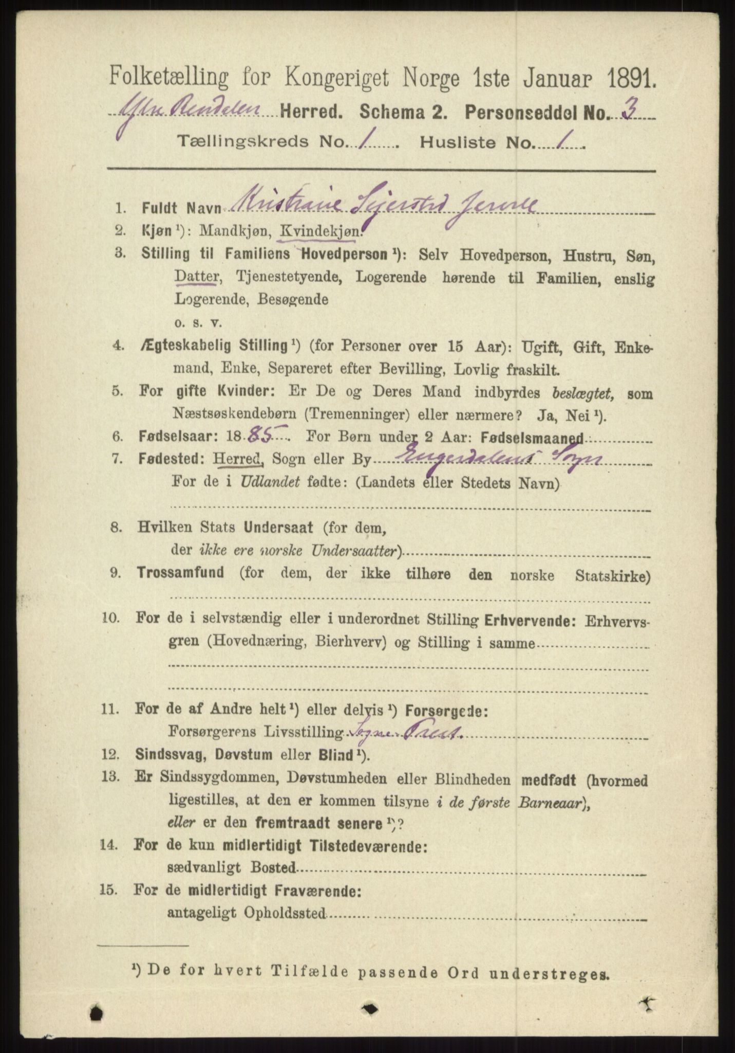 RA, 1891 census for 0432 Ytre Rendal, 1891, p. 83