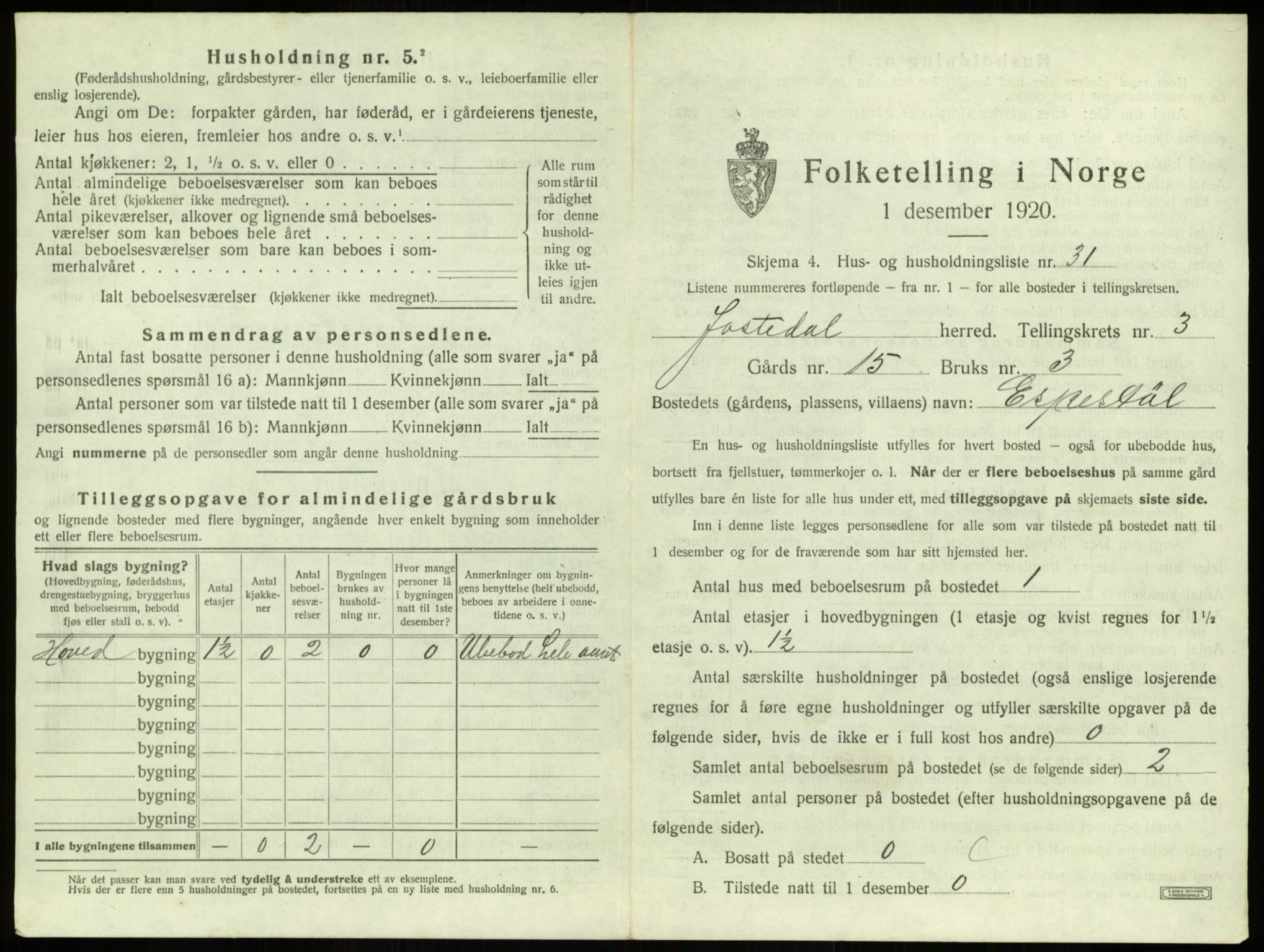 SAB, 1920 census for Jostedal, 1920, p. 190