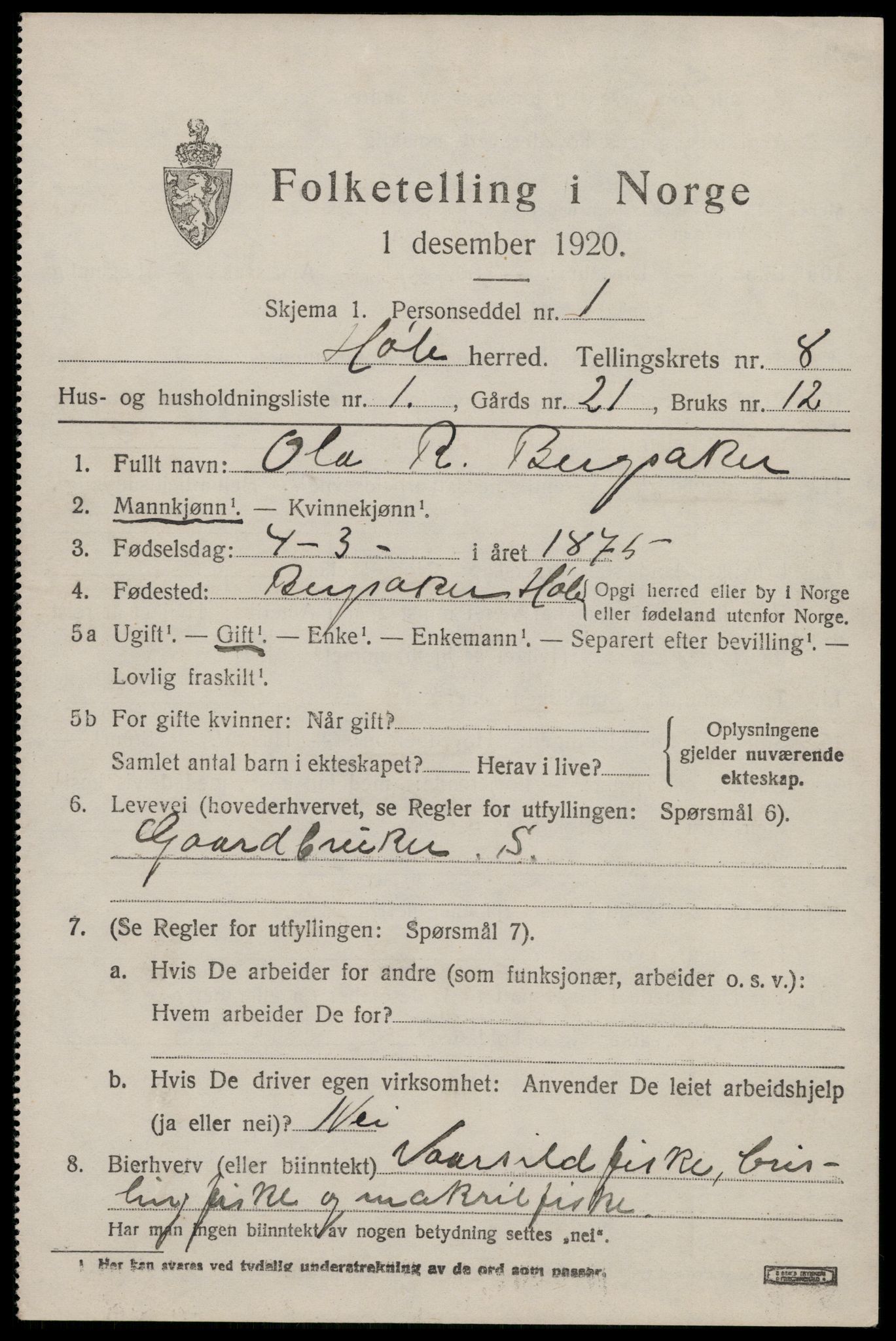 SAST, 1920 census for Høle, 1920, p. 2211