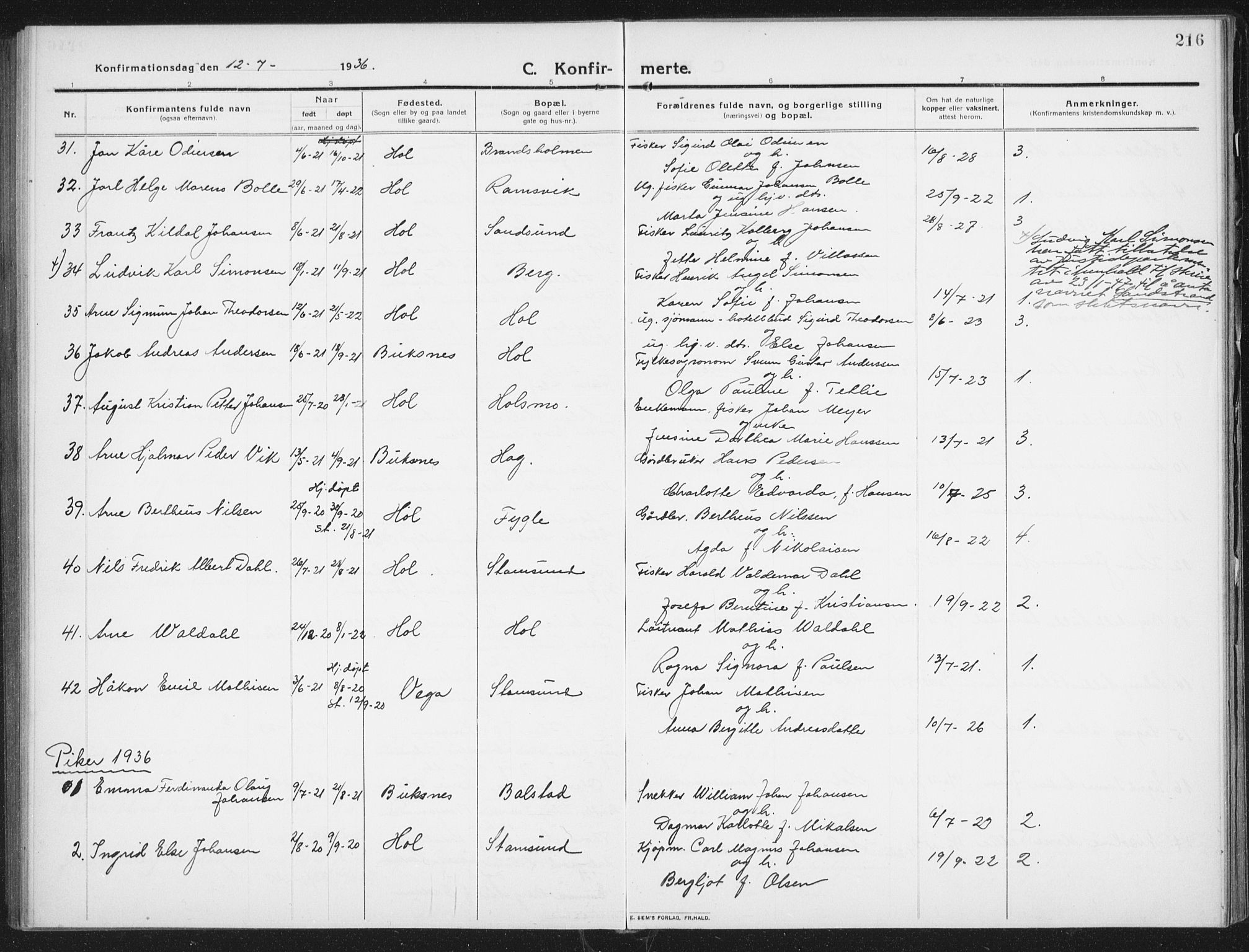 Ministerialprotokoller, klokkerbøker og fødselsregistre - Nordland, AV/SAT-A-1459/882/L1183: Parish register (copy) no. 882C01, 1911-1938, p. 216