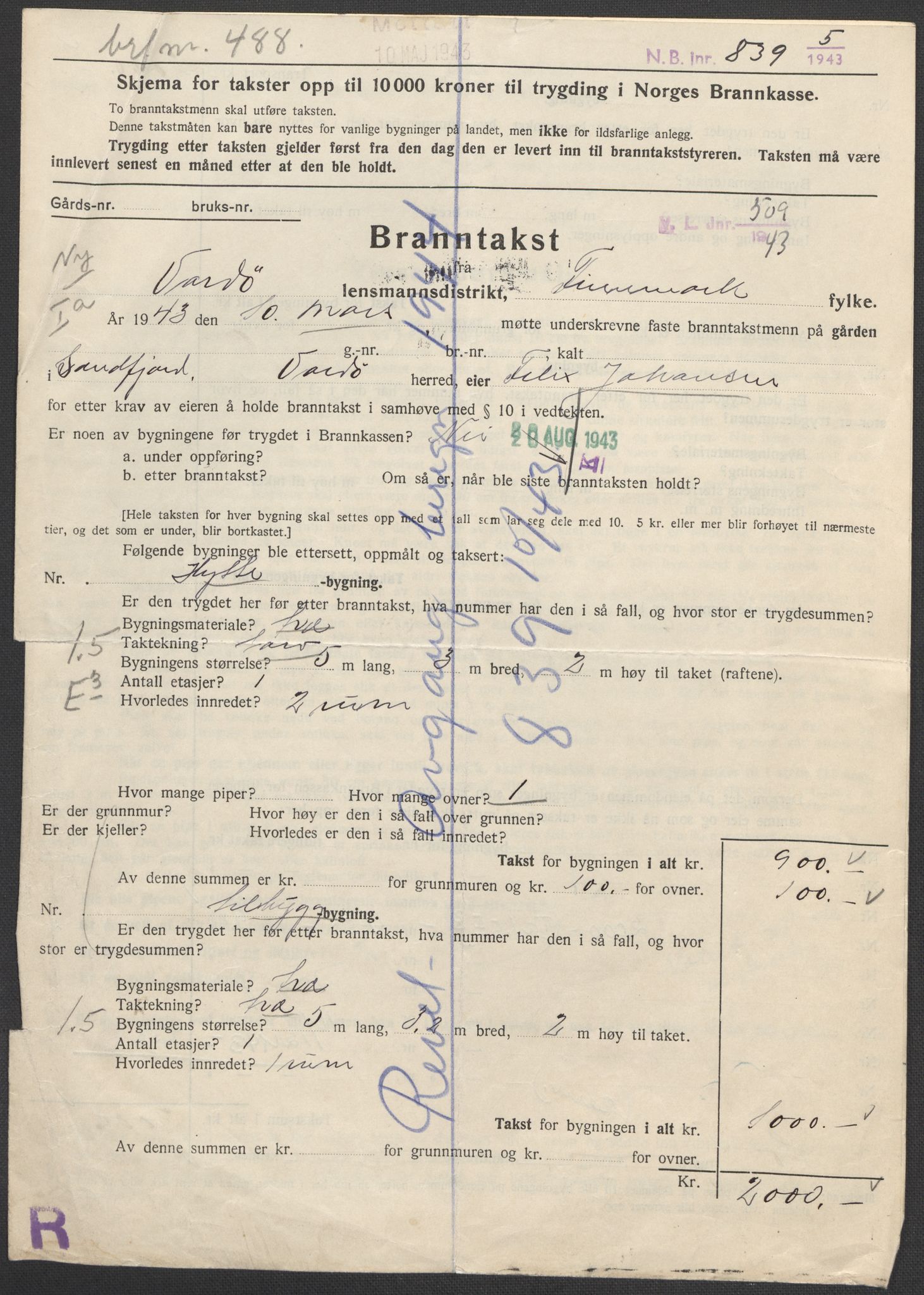 Norges Brannkasse, AV/RA-S-1549/E/Eu/L0019: Branntakster for Vardø by, 1889-1955, p. 432