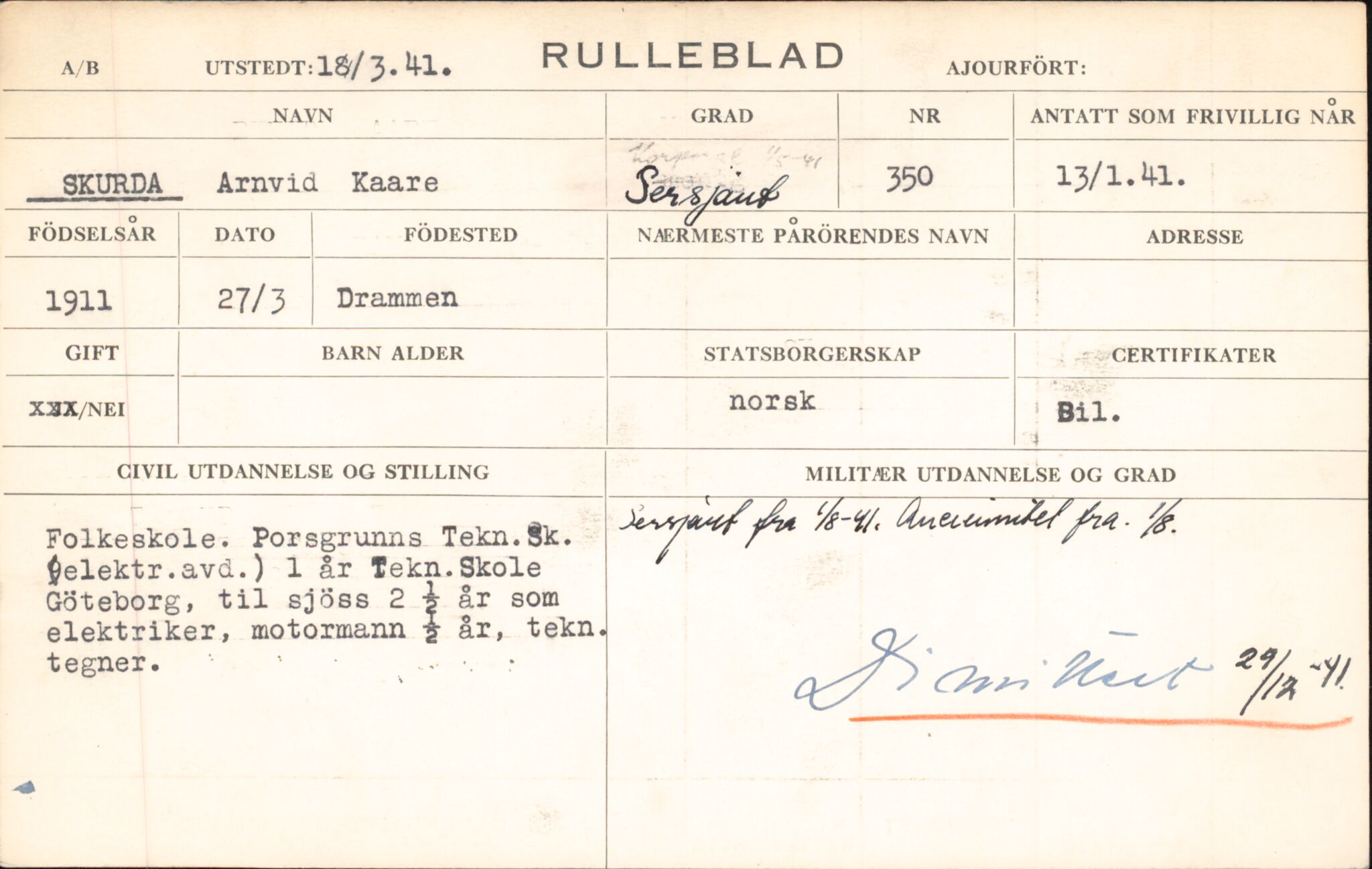 Forsvaret, Forsvarets overkommando/Luftforsvarsstaben, AV/RA-RAFA-4079/P/Pa/L0028: Personellpapirer, 1911, p. 155