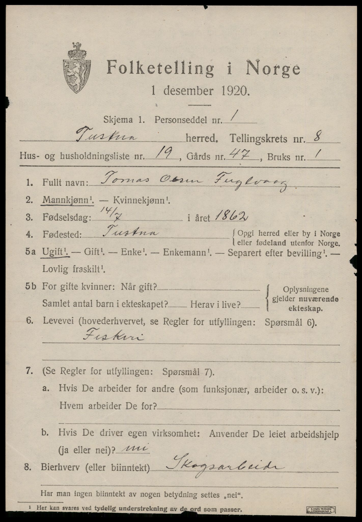 SAT, 1920 census for Tustna, 1920, p. 3823