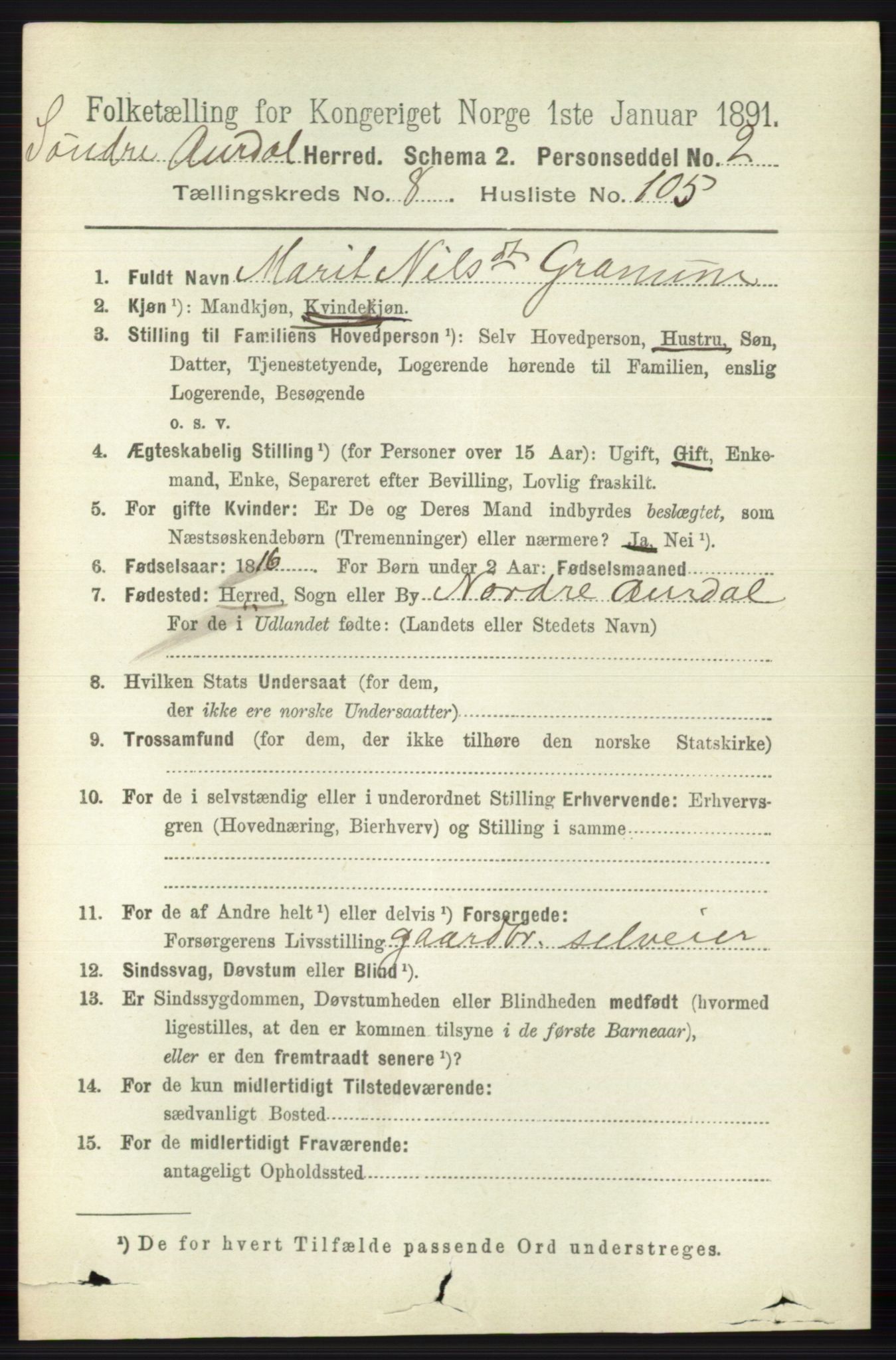 RA, 1891 census for 0540 Sør-Aurdal, 1891, p. 5487