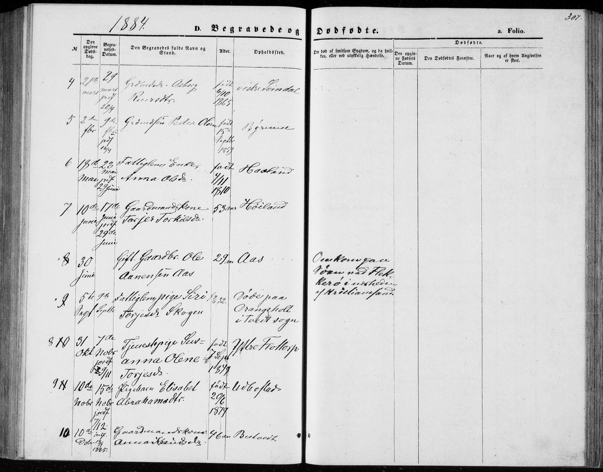 Bjelland sokneprestkontor, AV/SAK-1111-0005/F/Fb/Fbc/L0002: Parish register (copy) no. B 2, 1867-1887, p. 307