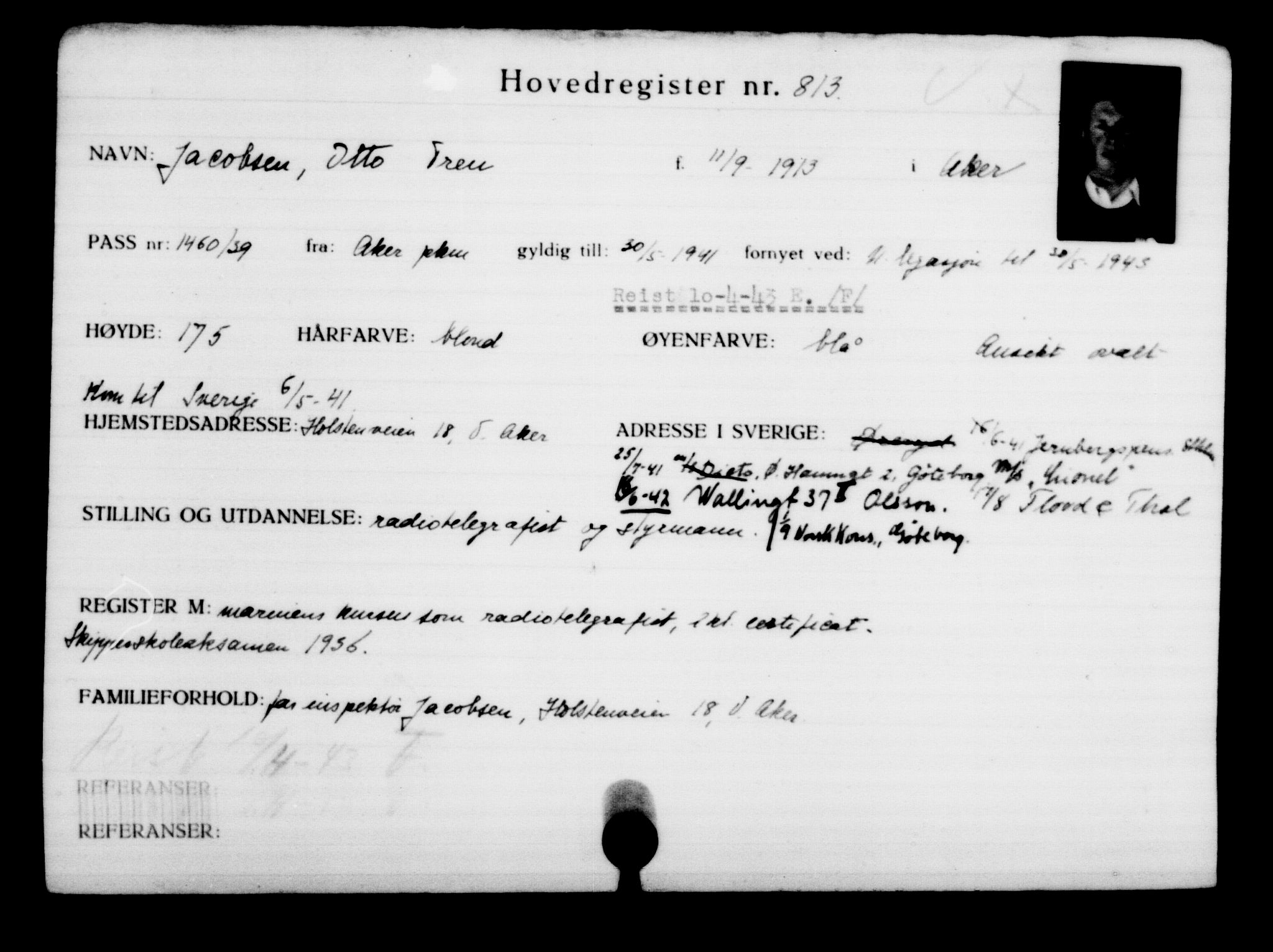 Utenriksstasjonene, Legasjonen i Stockholm, Flyktningkontoret, AV/RA-S-6753/V/Va/L0001: Kjesäterkartoteket, flyktninger med registreringsnr. 1-1000, 1940-1945, p. 1286