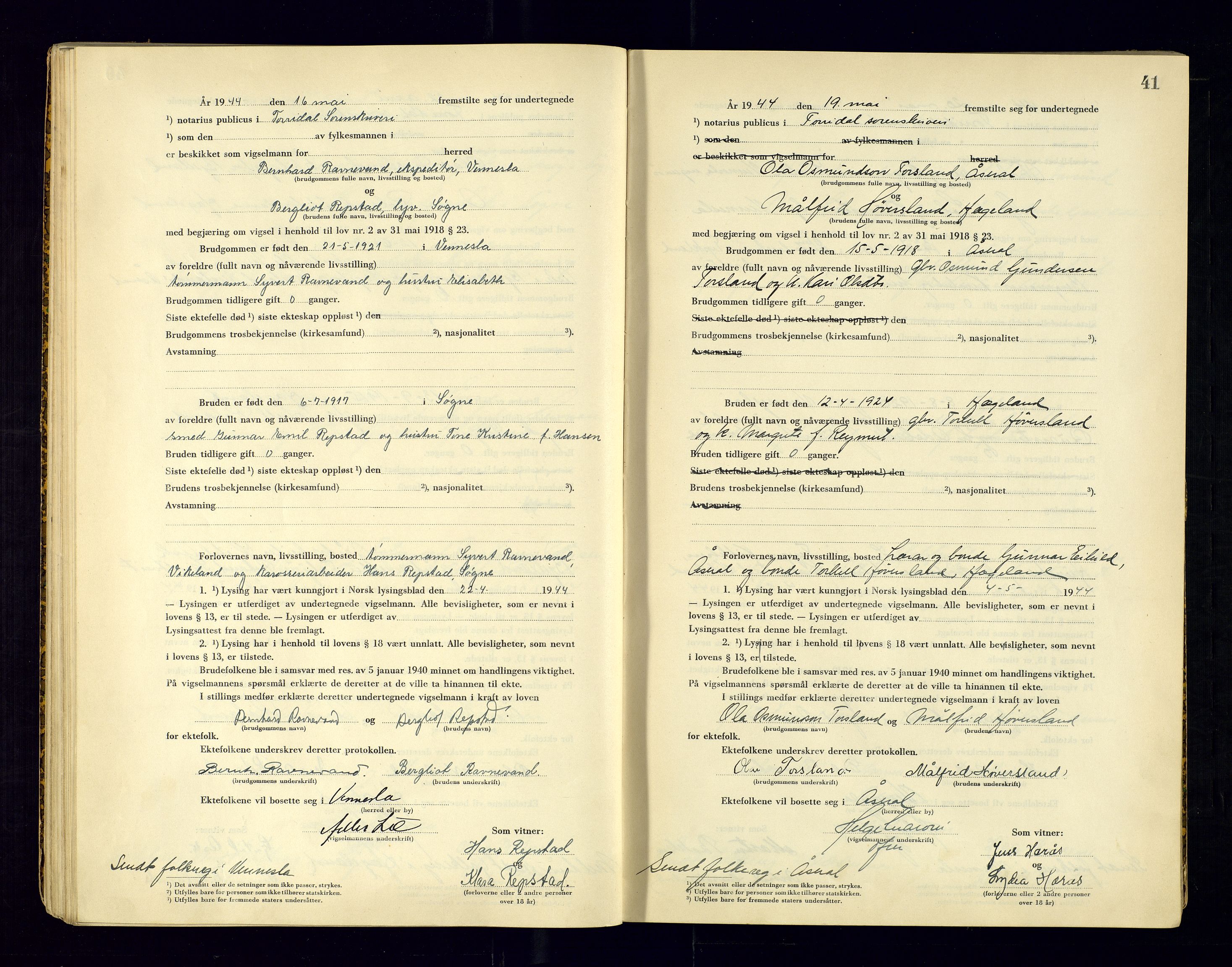Torridal sorenskriveri, AV/SAK-1221-0012/L/Ld/L0004: Vigselbok nr. 2, 1943-1946, p. 41
