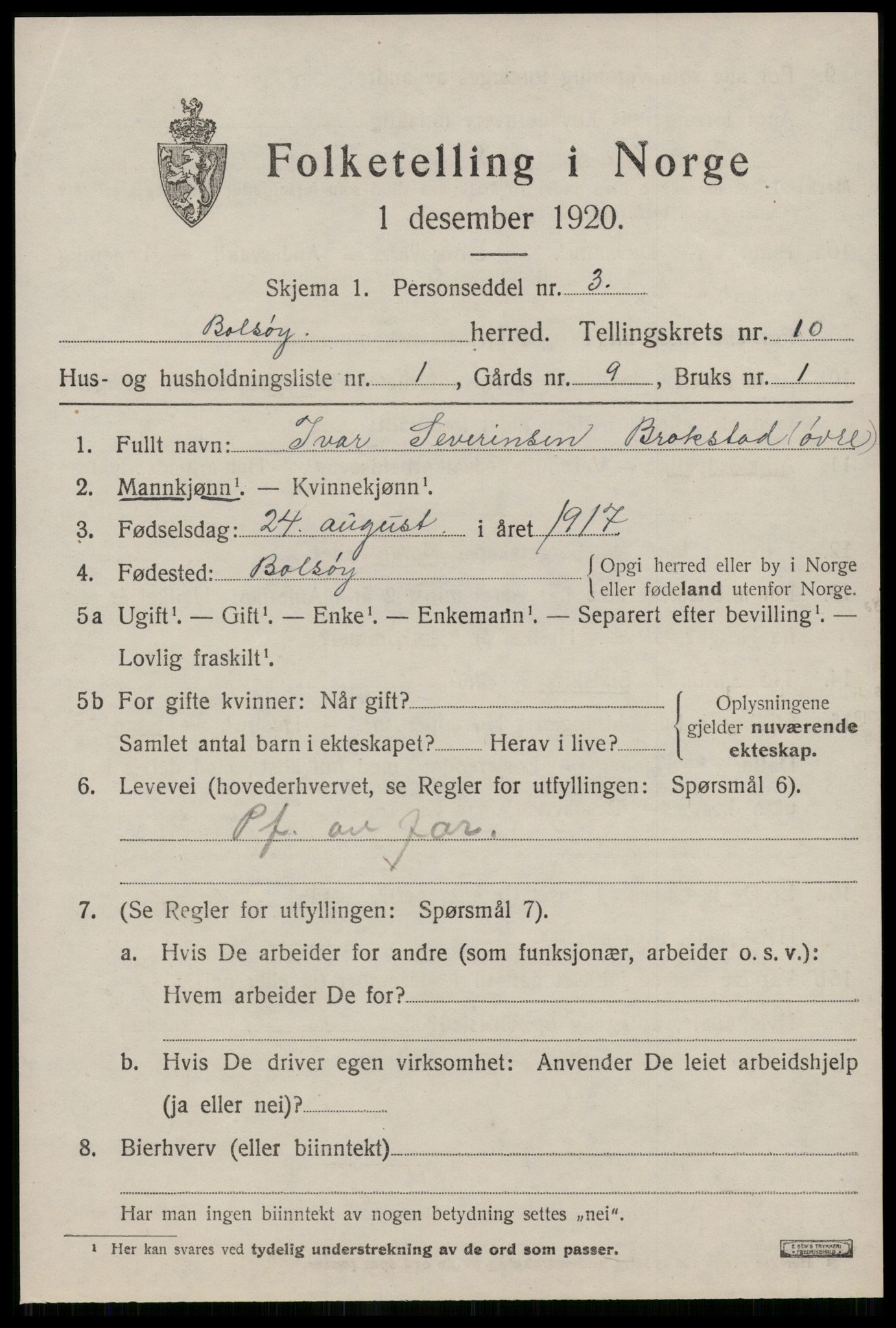 SAT, 1920 census for Bolsøy, 1920, p. 10605