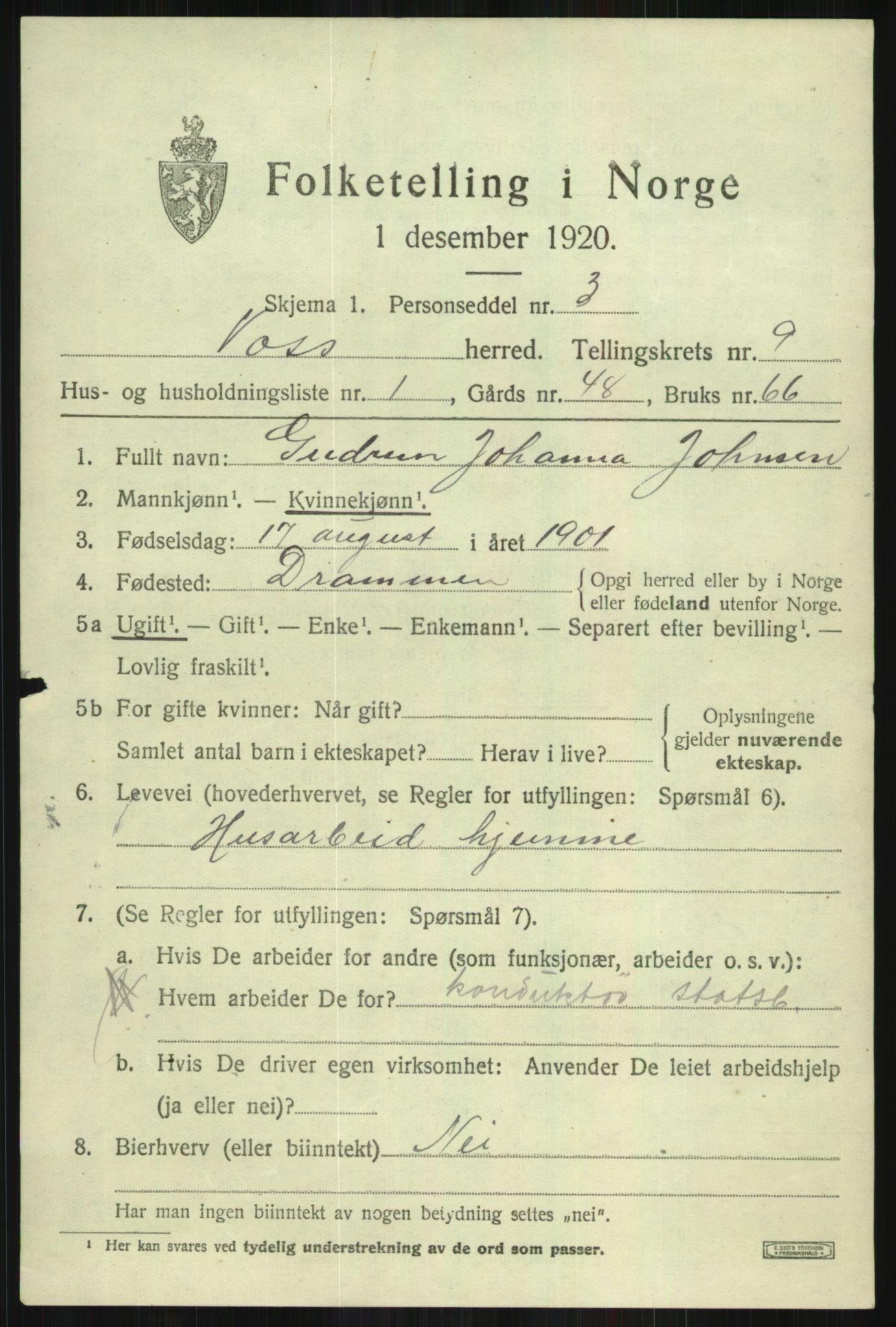 SAB, 1920 census for Voss, 1920, p. 8607