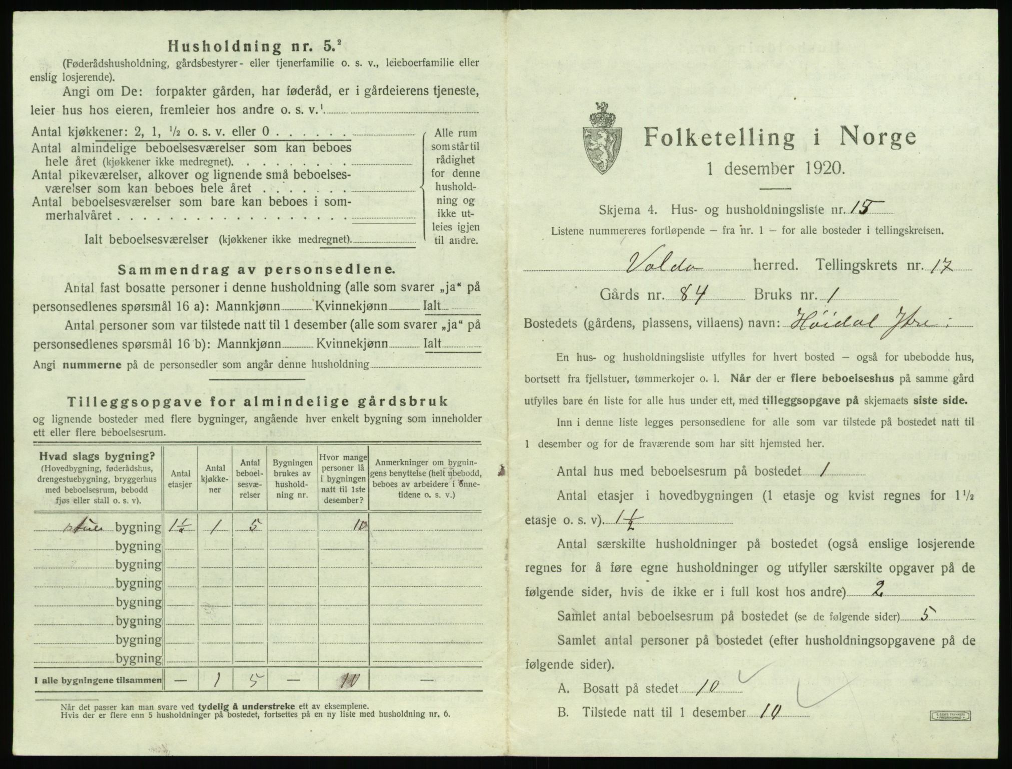 SAT, 1920 census for Volda, 1920, p. 1268