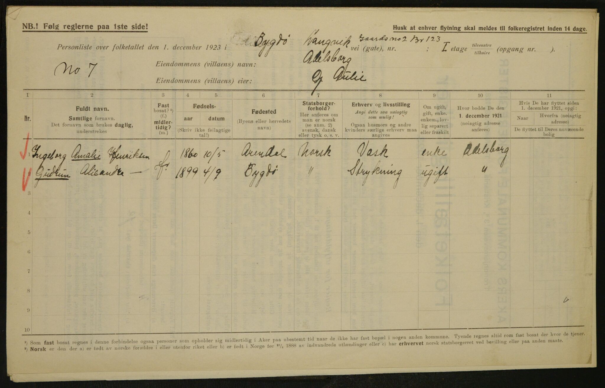 , Municipal Census 1923 for Aker, 1923, p. 3394