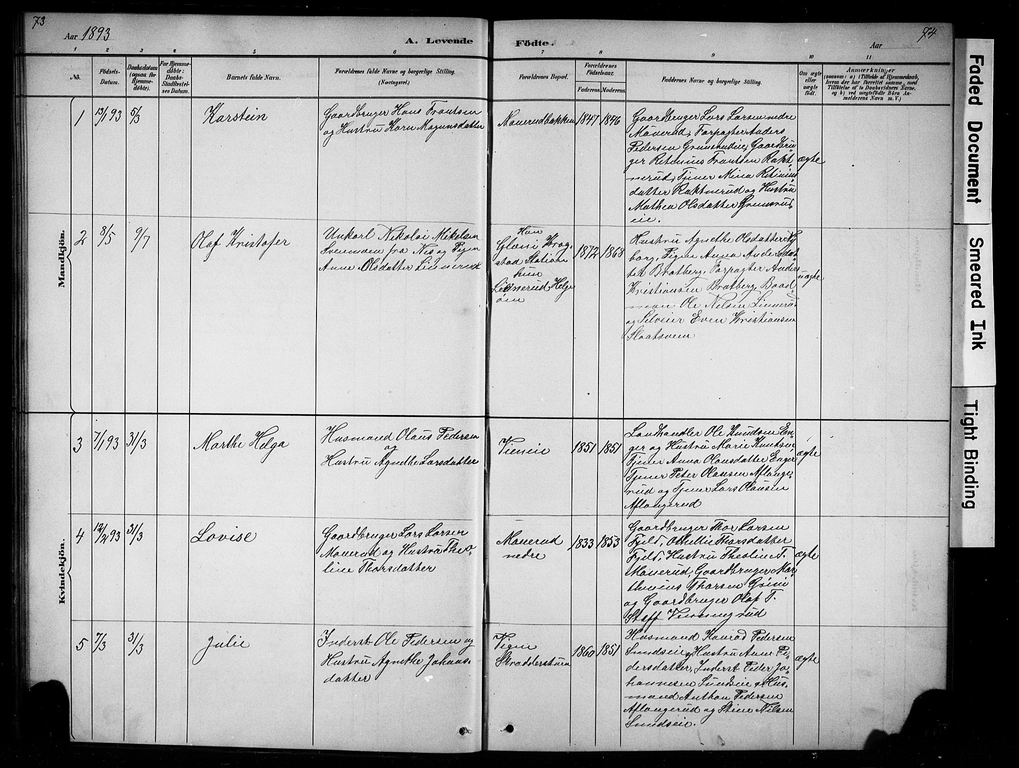 Nes prestekontor, Hedmark, AV/SAH-PREST-020/L/La/L0016: Parish register (copy) no. 16, 1883-1900, p. 73-74