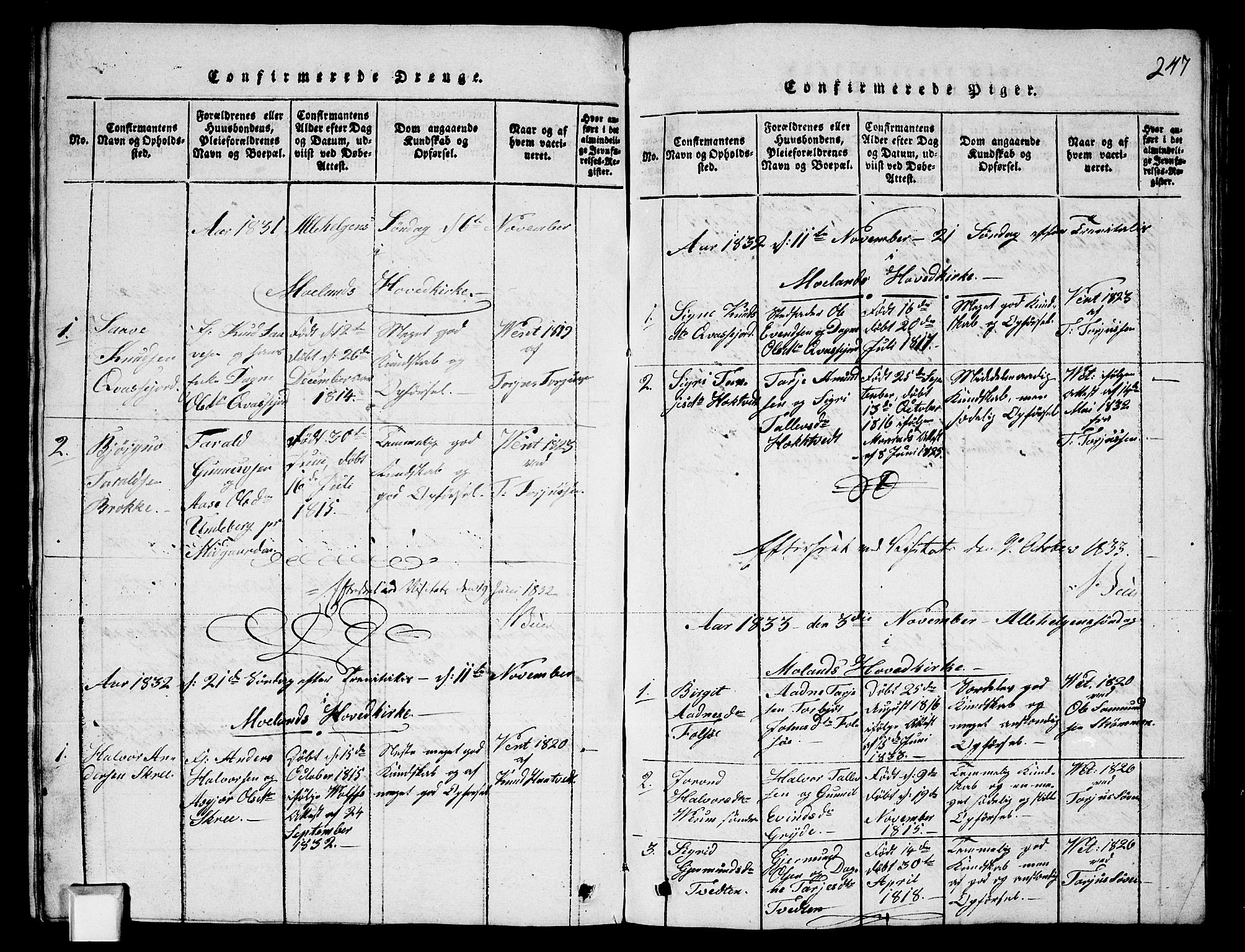 Fyresdal kirkebøker, SAKO/A-263/G/Ga/L0003: Parish register (copy) no. I 3, 1815-1863, p. 247