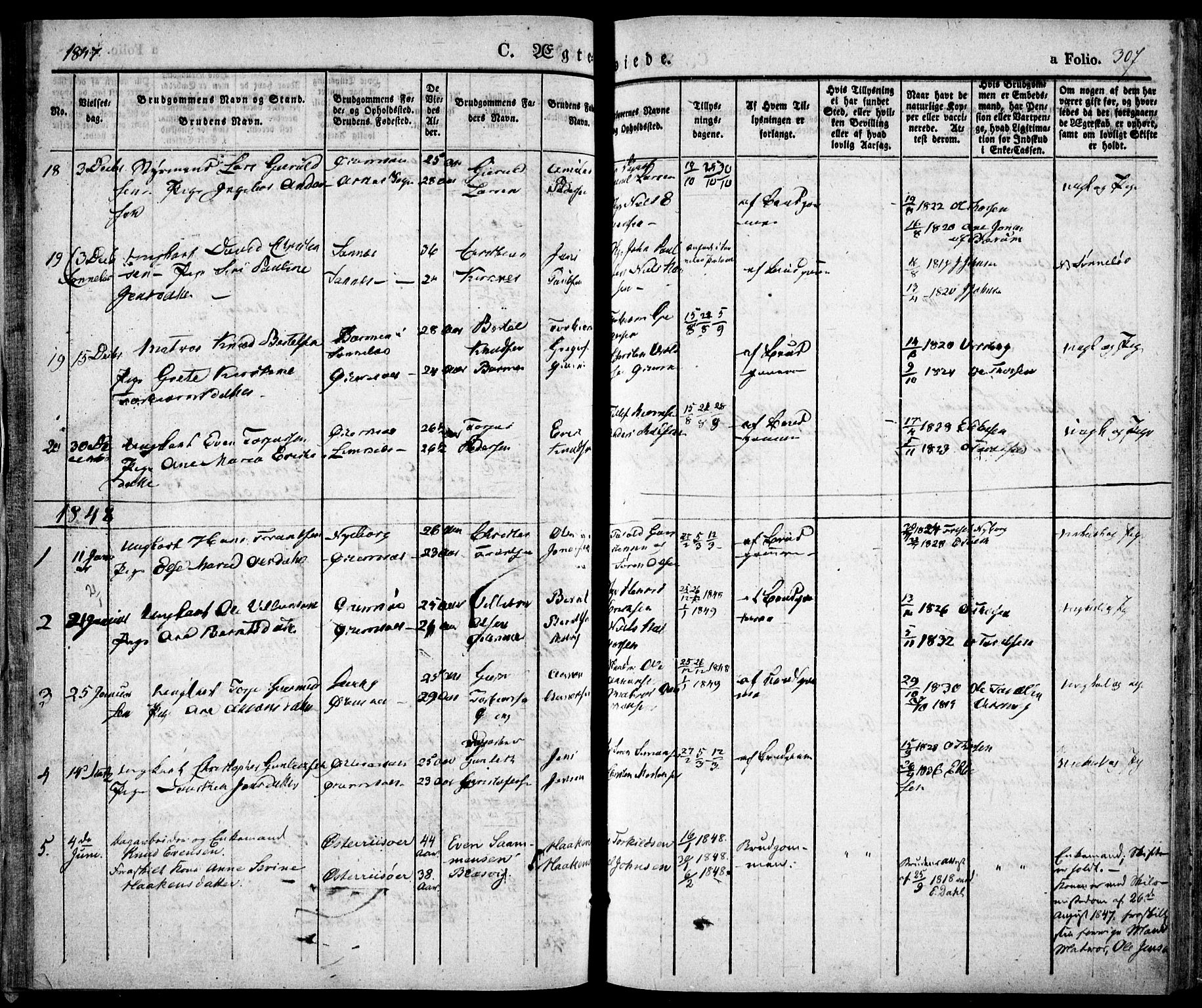 Risør sokneprestkontor, AV/SAK-1111-0035/F/Fa/L0003: Parish register (official) no. A 3, 1838-1864, p. 307