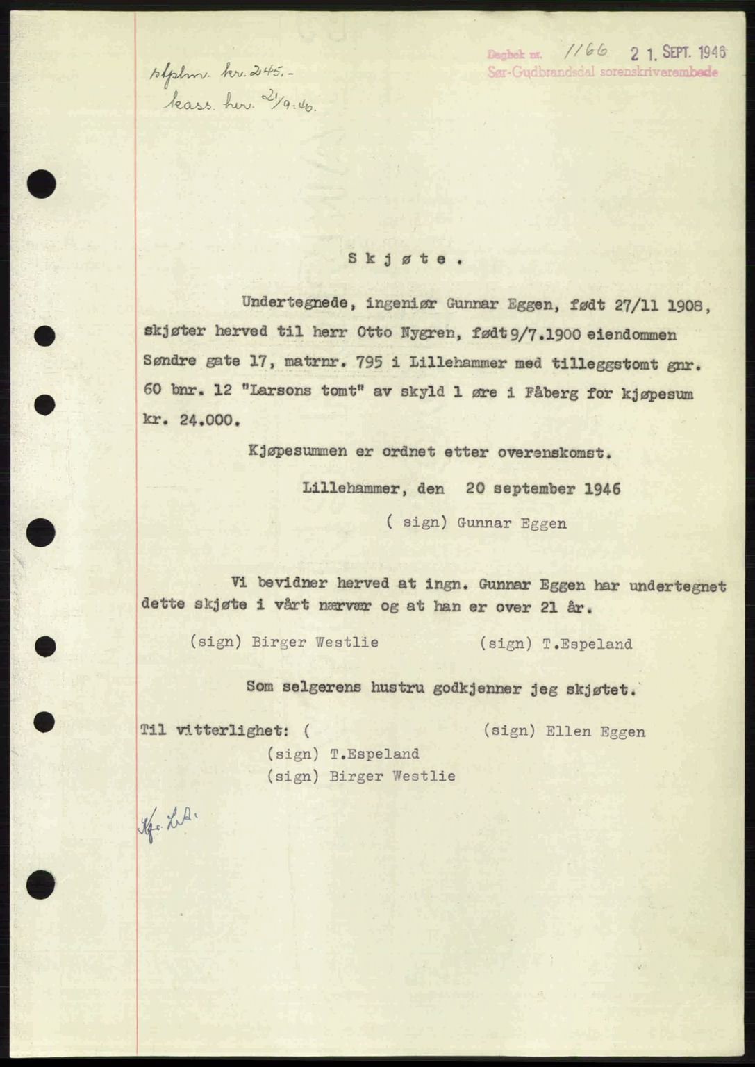 Sør-Gudbrandsdal tingrett, SAH/TING-004/H/Hb/Hbd/L0016: Mortgage book no. A16, 1946-1946, Diary no: : 1166/1946