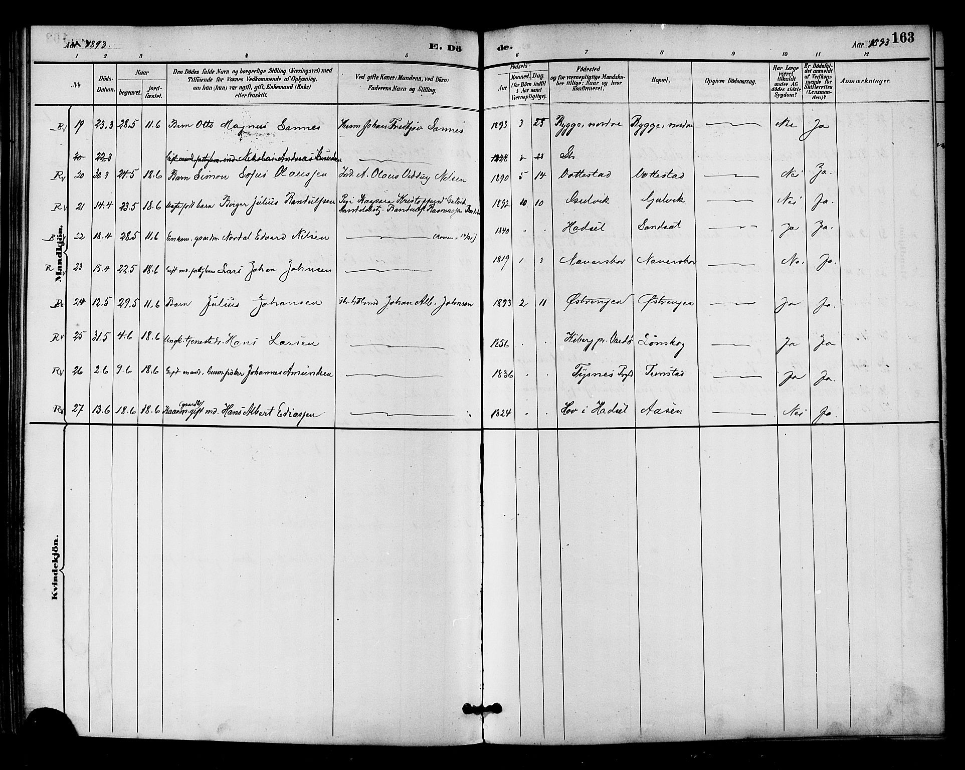 Ministerialprotokoller, klokkerbøker og fødselsregistre - Nordland, AV/SAT-A-1459/893/L1337: Parish register (official) no. 893A09, 1885-1893, p. 163