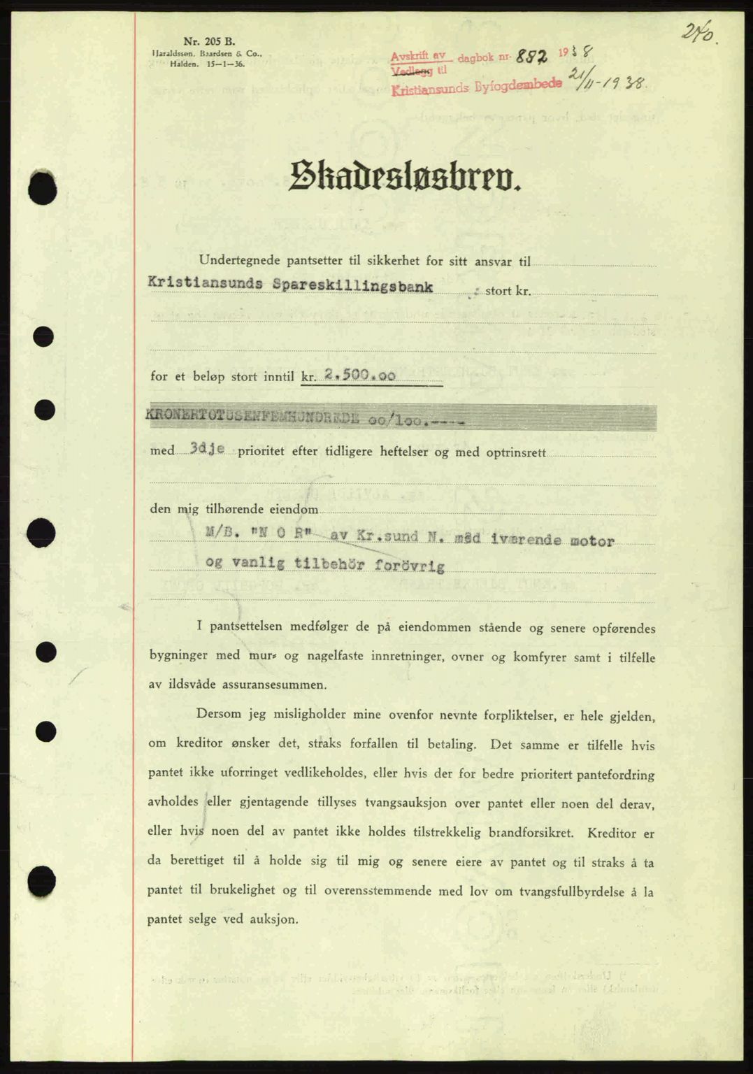 Kristiansund byfogd, SAT/A-4587/A/27: Mortgage book no. 31, 1938-1939, Diary no: : 852/1938