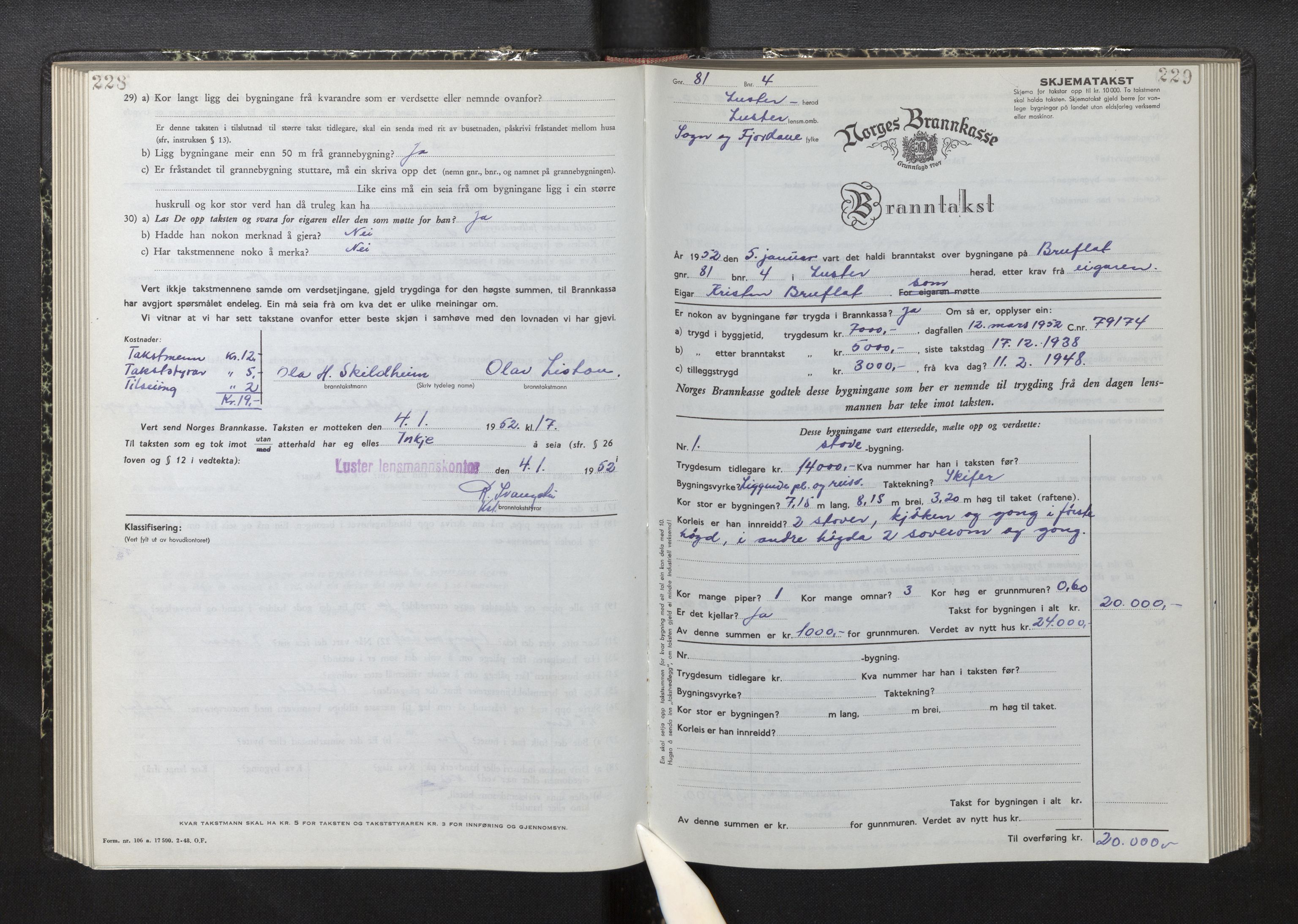 Lensmannen i Luster, AV/SAB-A-29301/0012/L0008: Branntakstprotokoll, skjematakst, 1949-1955, p. 228-229