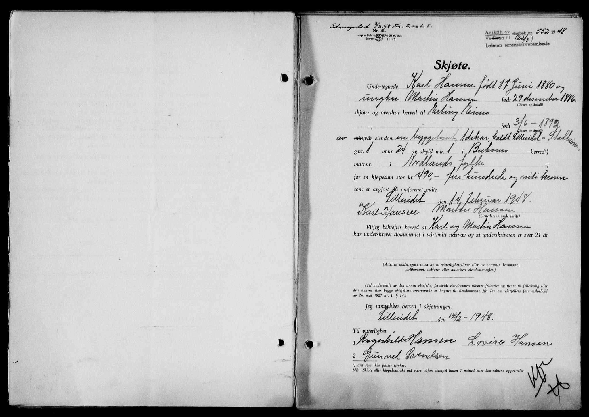 Lofoten sorenskriveri, SAT/A-0017/1/2/2C/L0018a: Mortgage book no. 18a, 1948-1948, Diary no: : 552/1948