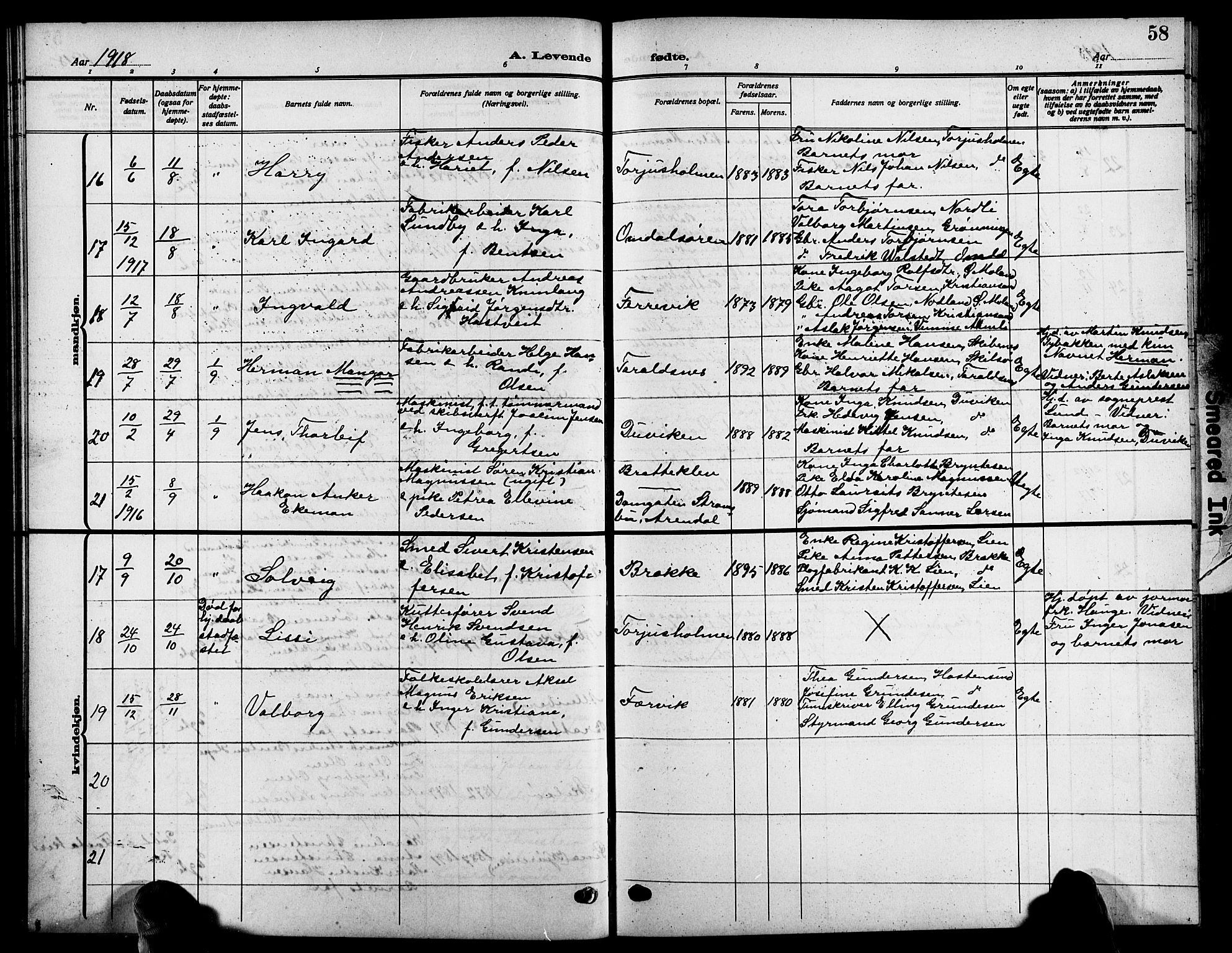 Tromøy sokneprestkontor, AV/SAK-1111-0041/F/Fb/L0007: Parish register (copy) no. B 7, 1908-1925, p. 58