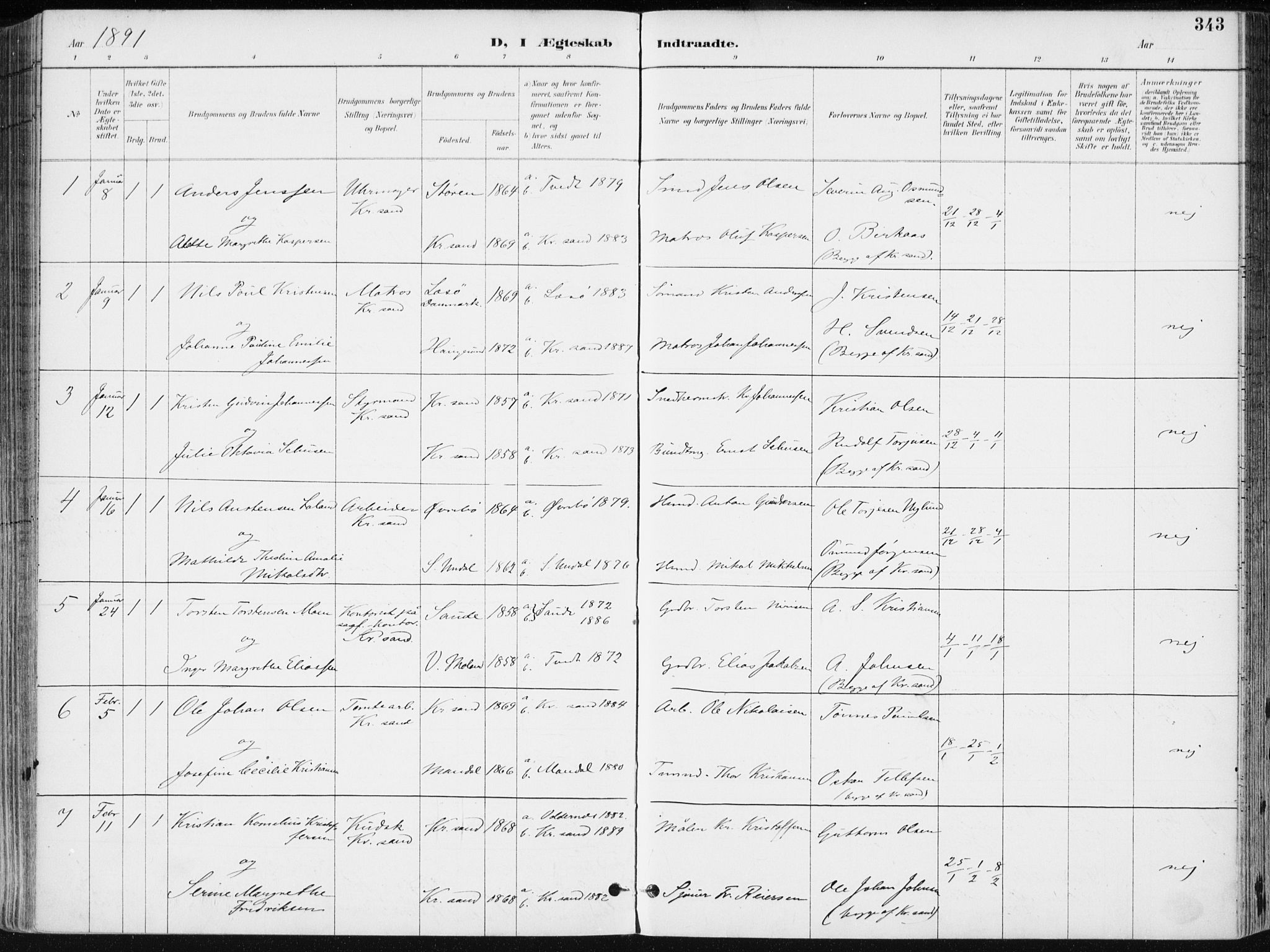 Kristiansand domprosti, SAK/1112-0006/F/Fa/L0019: Parish register (official) no. A 18, 1890-1897, p. 343
