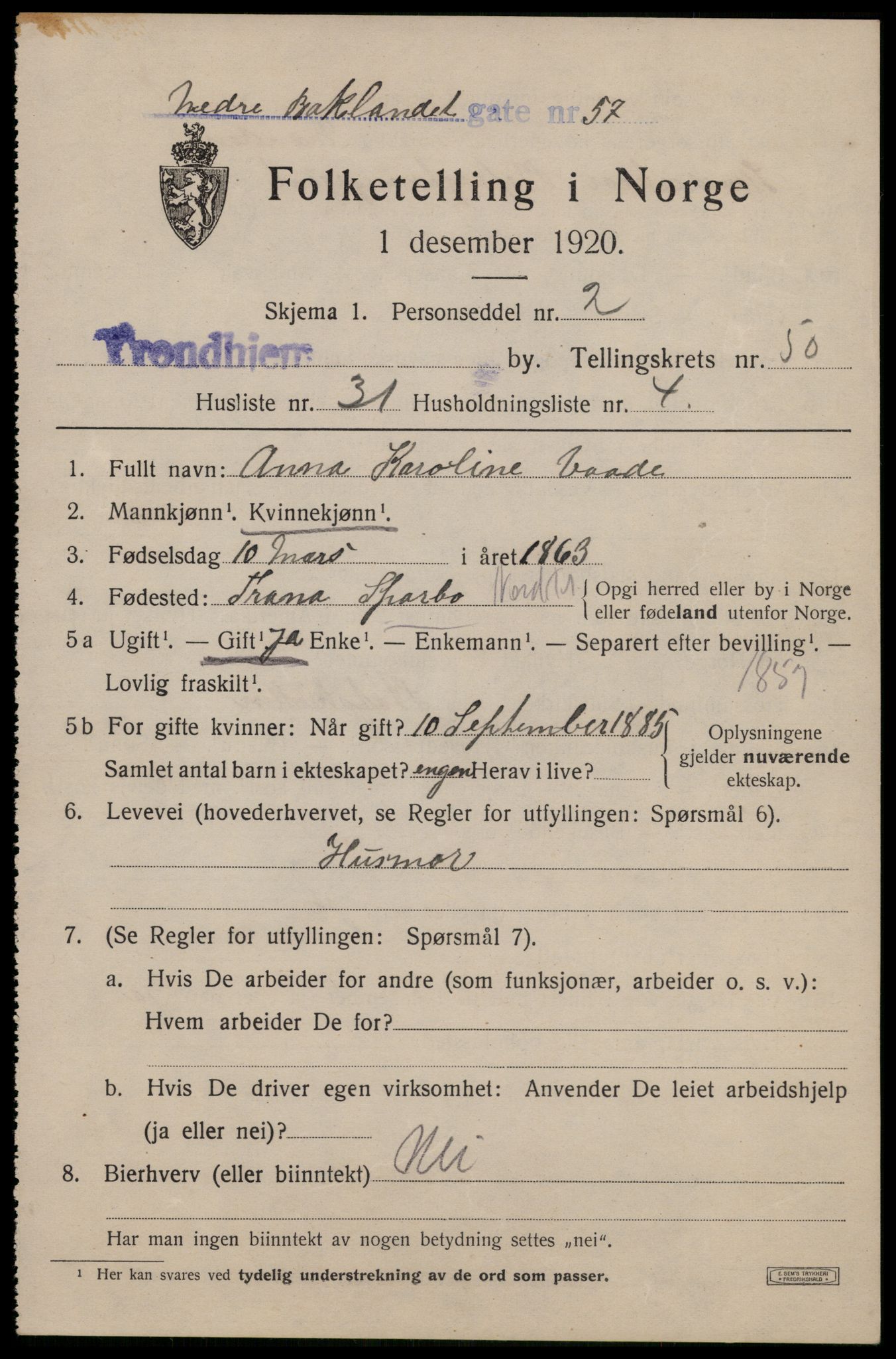 SAT, 1920 census for Trondheim, 1920, p. 104526