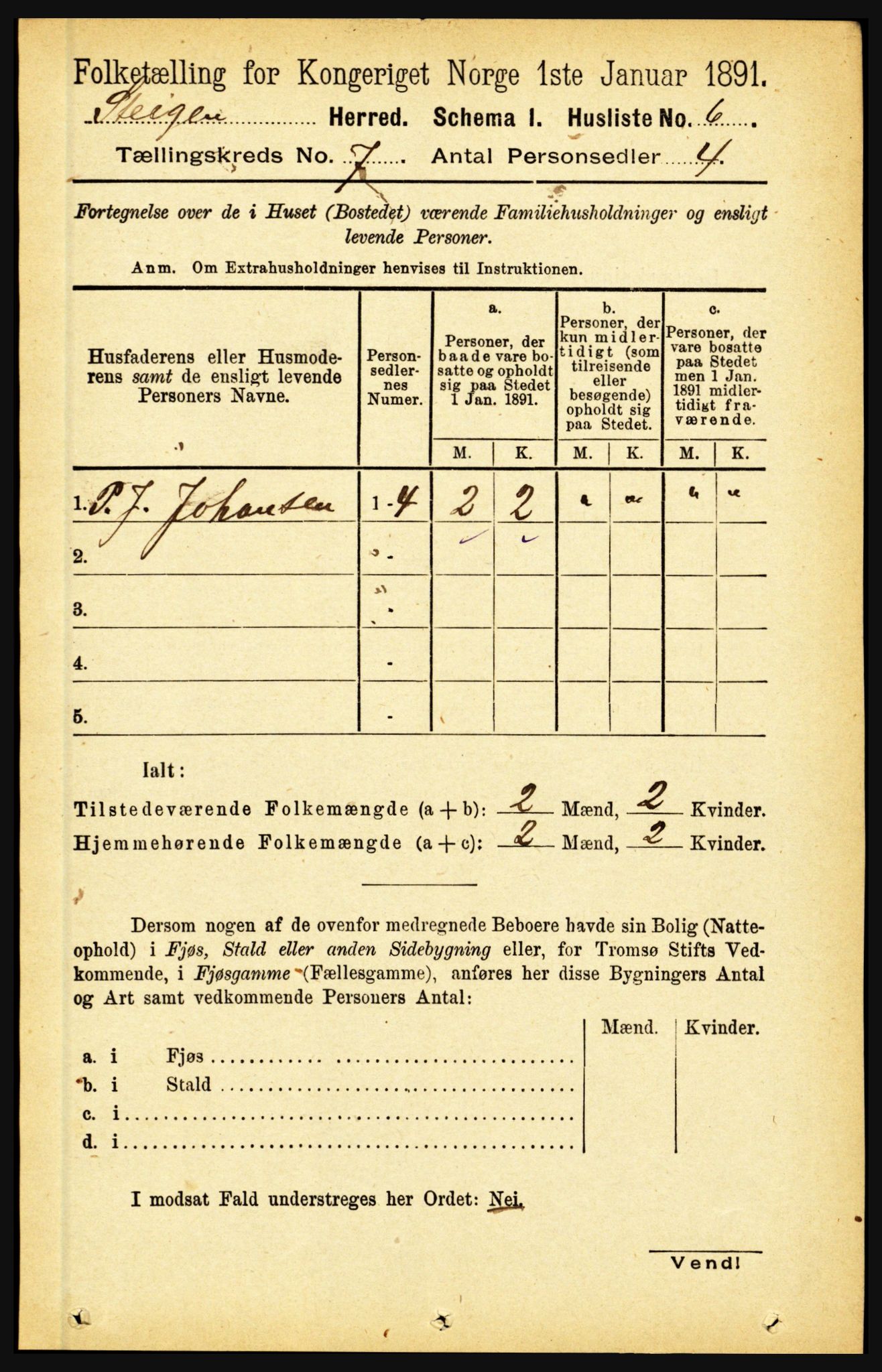 RA, 1891 census for 1848 Steigen, 1891, p. 2225