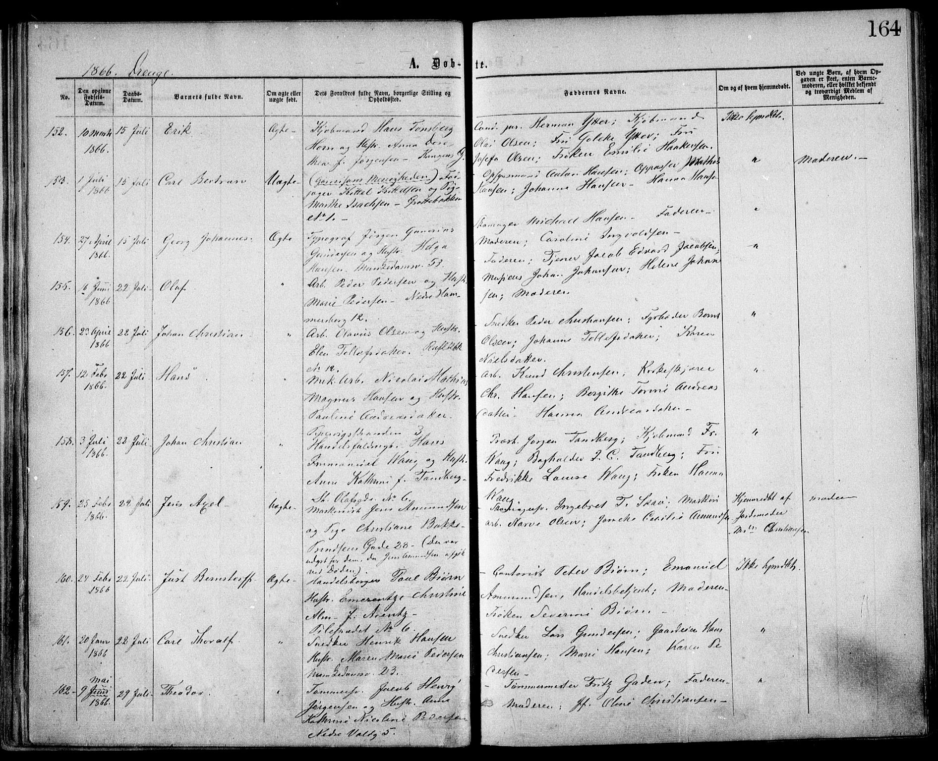 Trefoldighet prestekontor Kirkebøker, AV/SAO-A-10882/F/Fa/L0002: Parish register (official) no. I 2, 1863-1870, p. 164