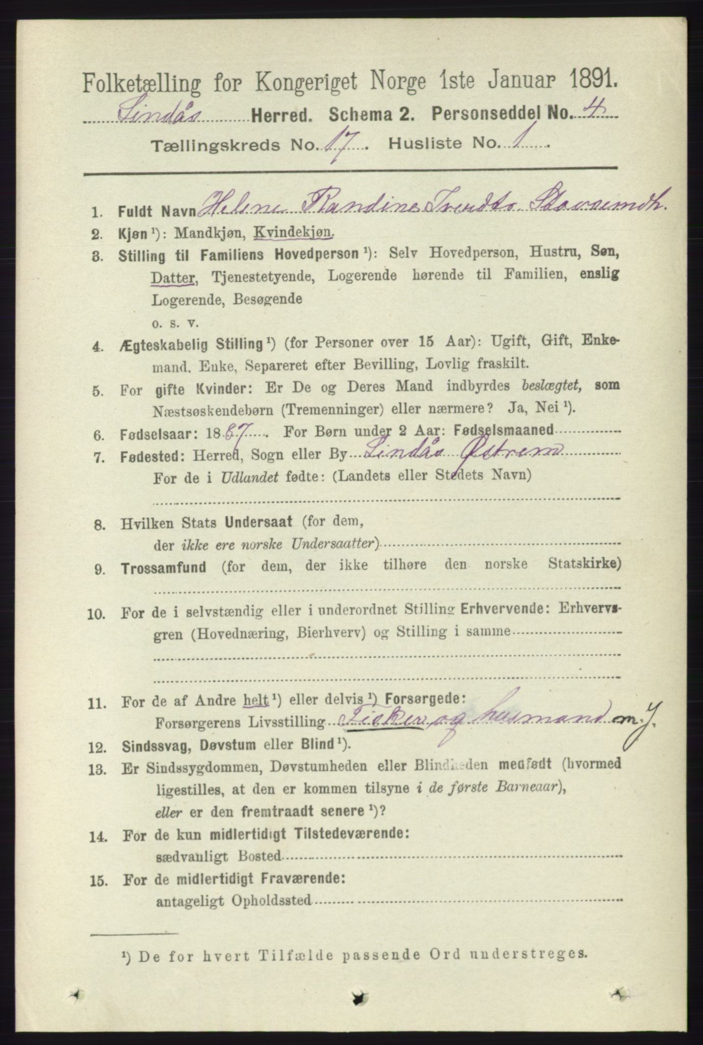 RA, 1891 census for 1263 Lindås, 1891, p. 6135