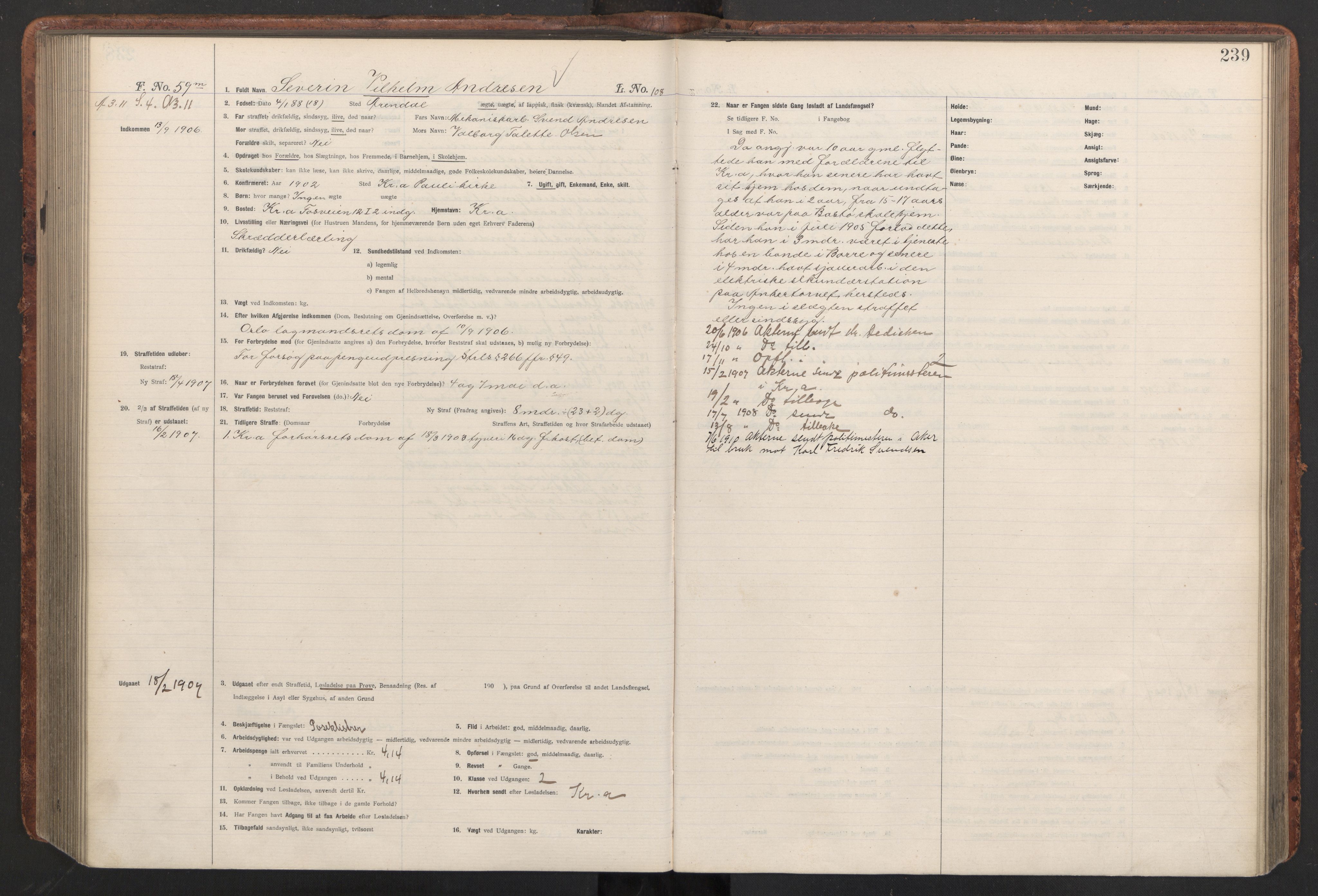 Botsfengslet, AV/RA-S-1539/D/Db/Dbb/L0040: 821l - 171m, 1905-1907, p. 239