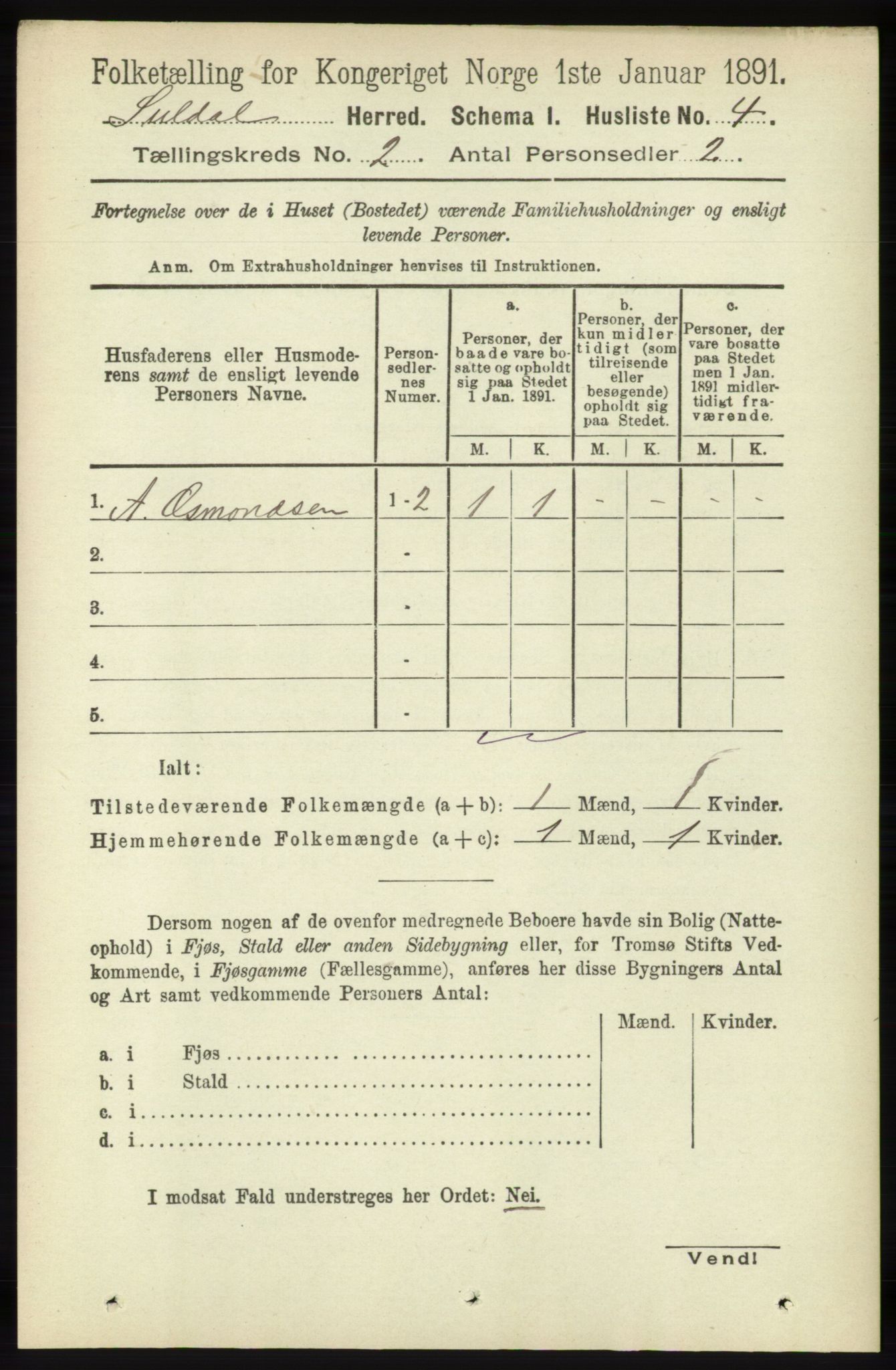 RA, 1891 census for 1134 Suldal, 1891, p. 198