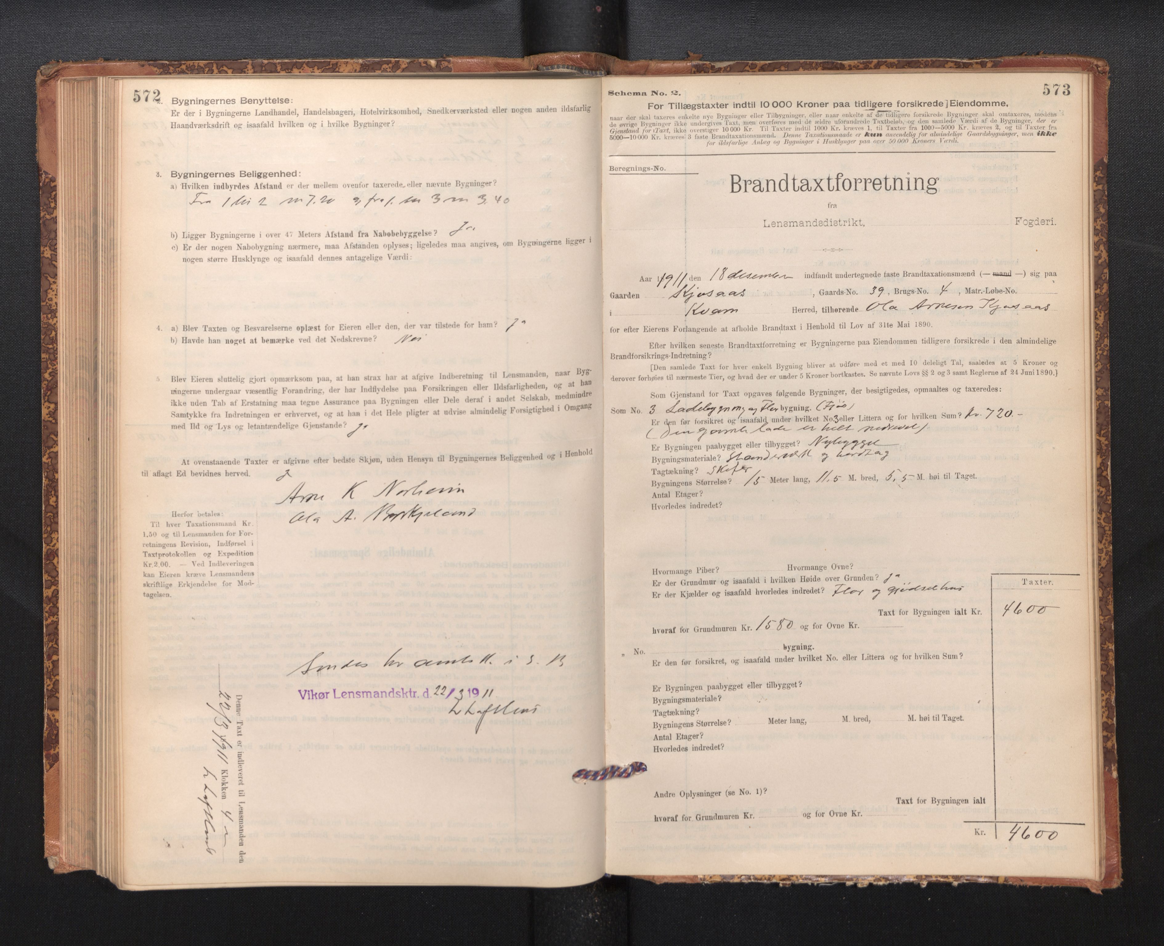 Lensmannen i Kvam, SAB/A-33201/0012/L0005: Branntakstprotokoll, skjematakst, 1894-1913, p. 572-573