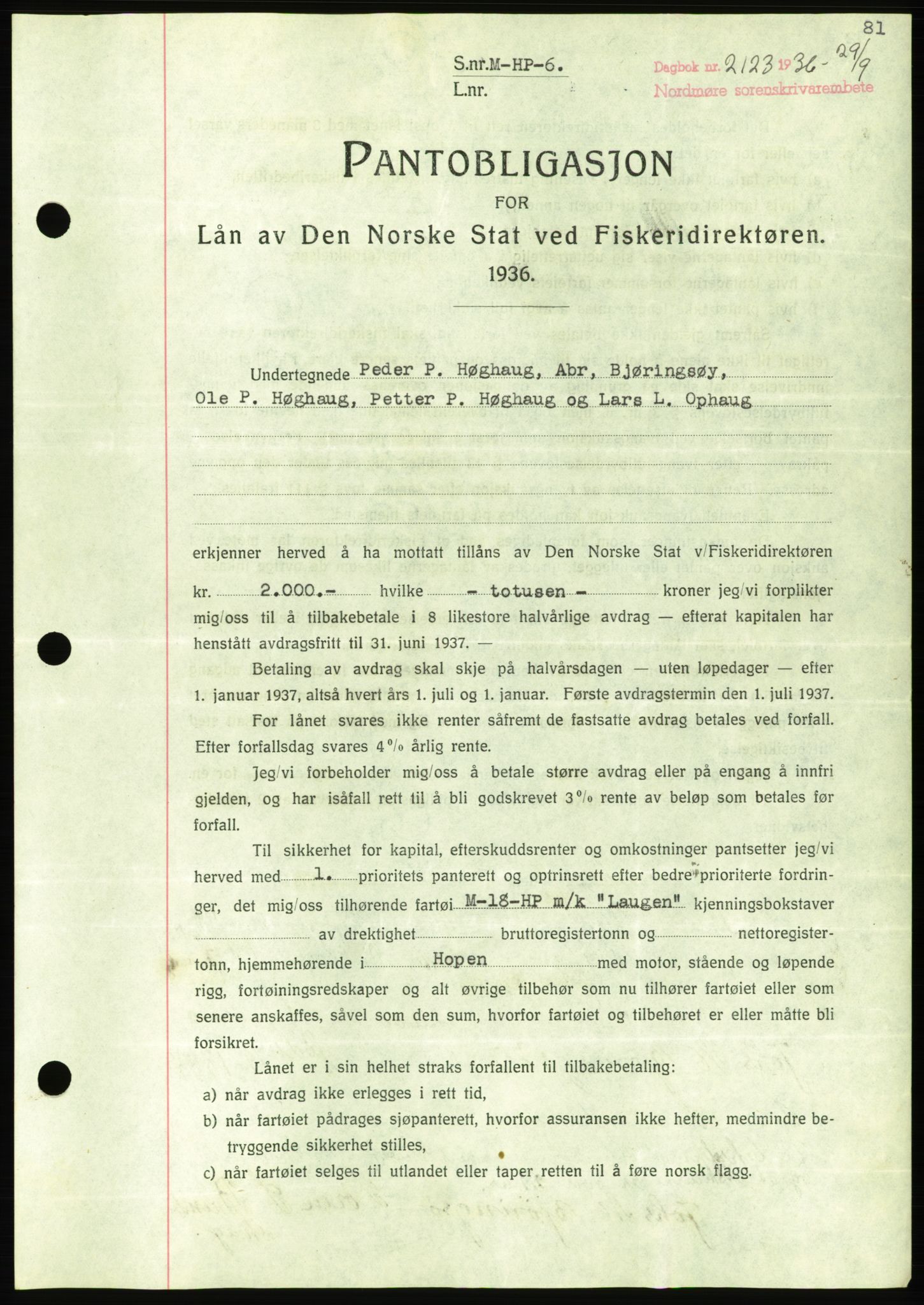 Nordmøre sorenskriveri, AV/SAT-A-4132/1/2/2Ca/L0090: Mortgage book no. B80, 1936-1937, Diary no: : 2123/1936