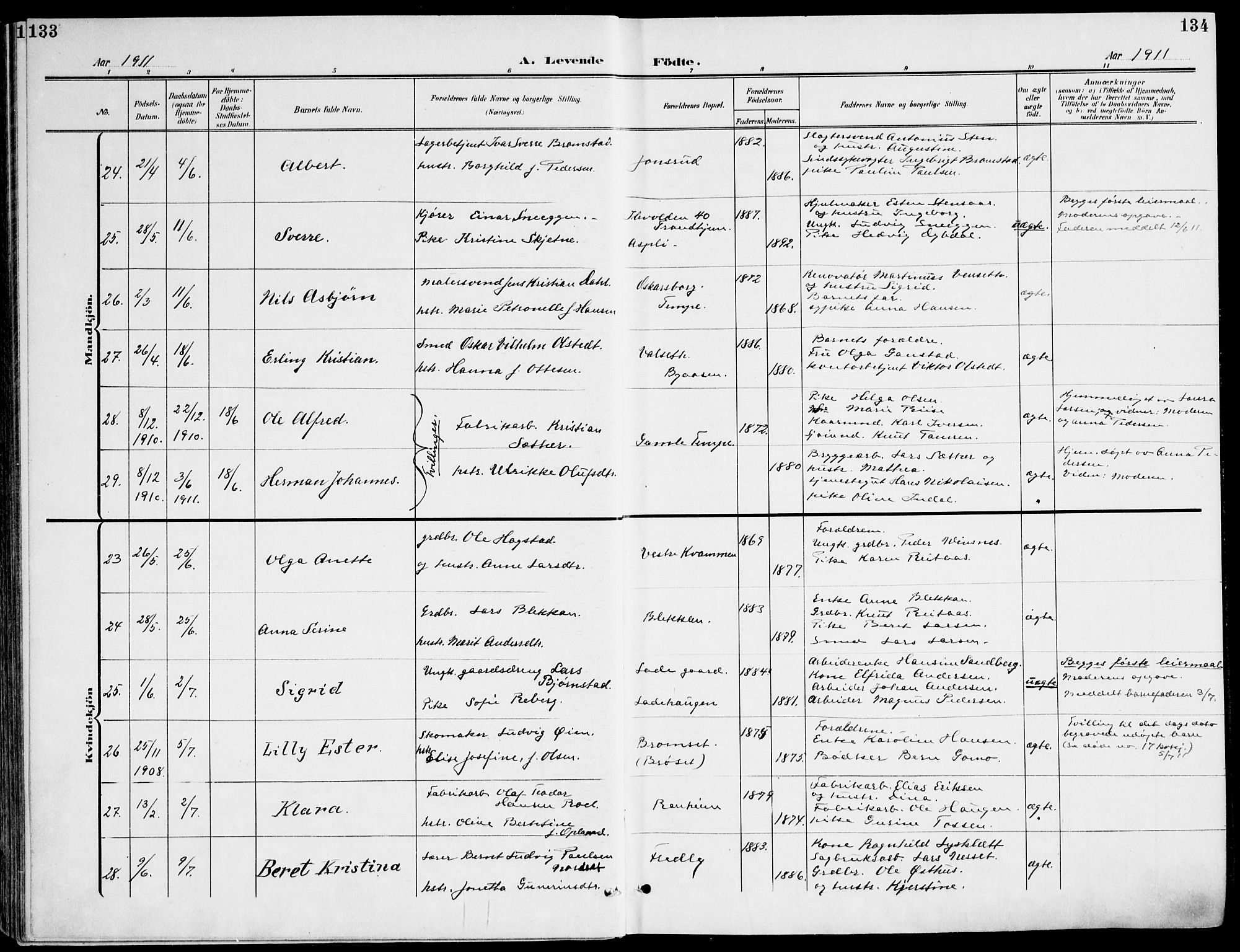 Ministerialprotokoller, klokkerbøker og fødselsregistre - Sør-Trøndelag, SAT/A-1456/607/L0320: Parish register (official) no. 607A04, 1907-1915, p. 133-134