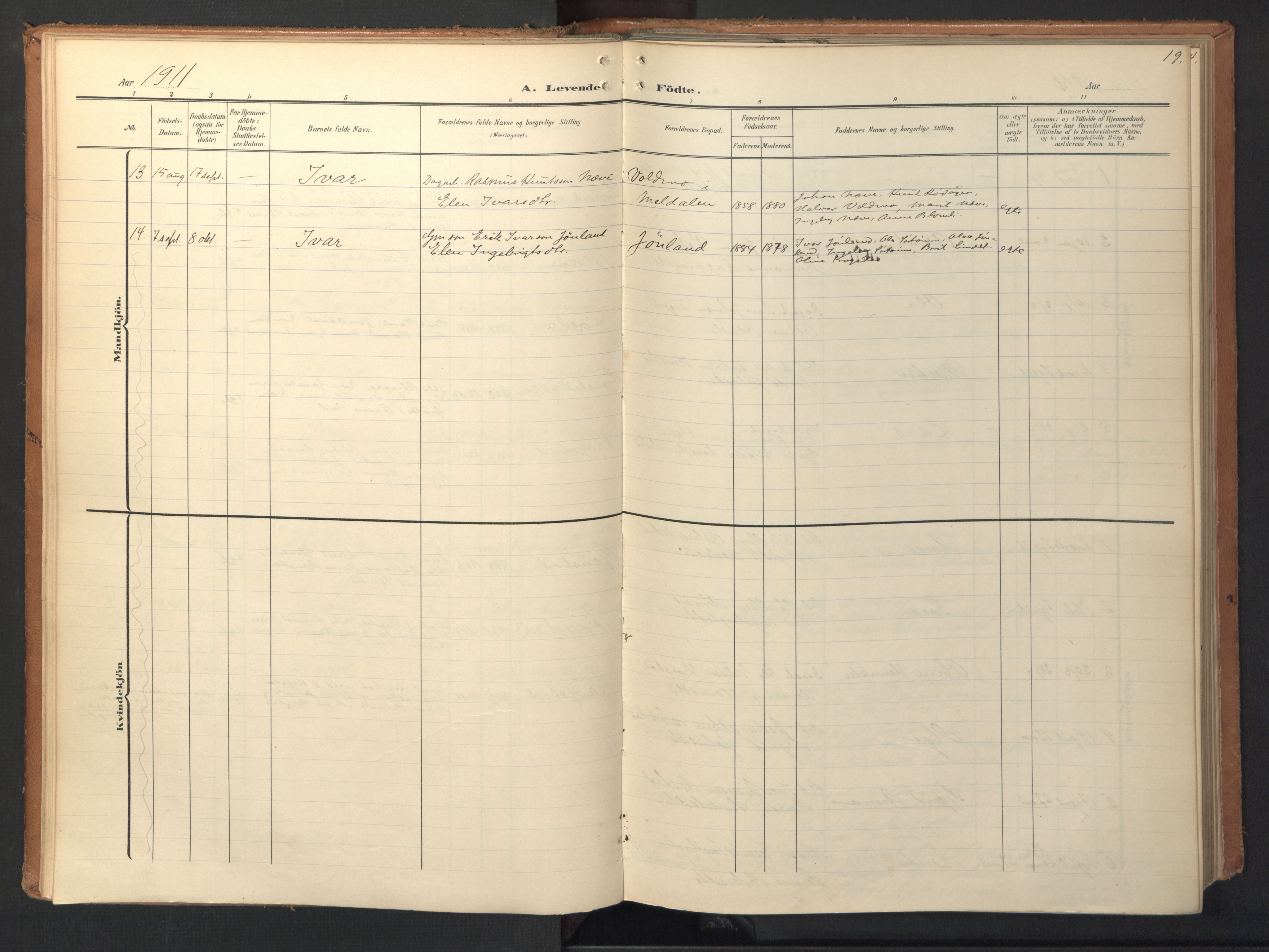 Ministerialprotokoller, klokkerbøker og fødselsregistre - Sør-Trøndelag, SAT/A-1456/694/L1128: Parish register (official) no. 694A02, 1906-1931, p. 19