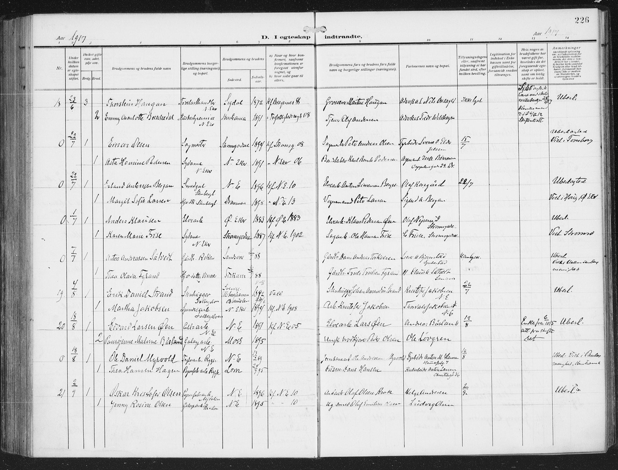 Nedre Eiker kirkebøker, AV/SAKO-A-612/F/Fa/L0007: Parish register (official) no. 7, 1912-1918, p. 226