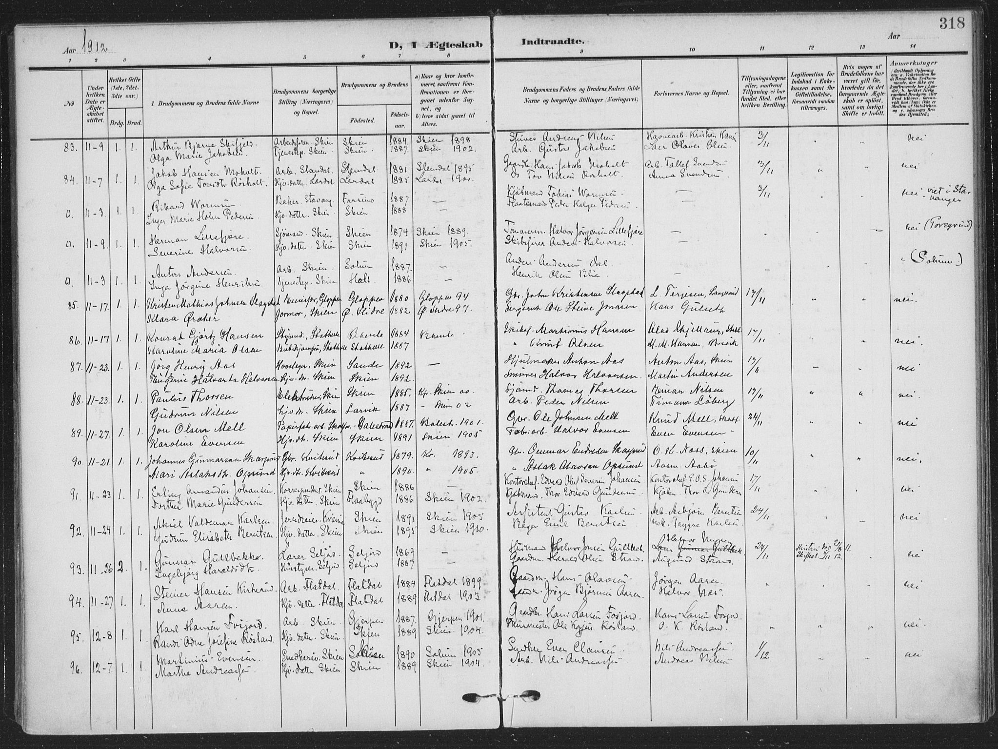 Skien kirkebøker, SAKO/A-302/F/Fa/L0012: Parish register (official) no. 12, 1908-1914, p. 318