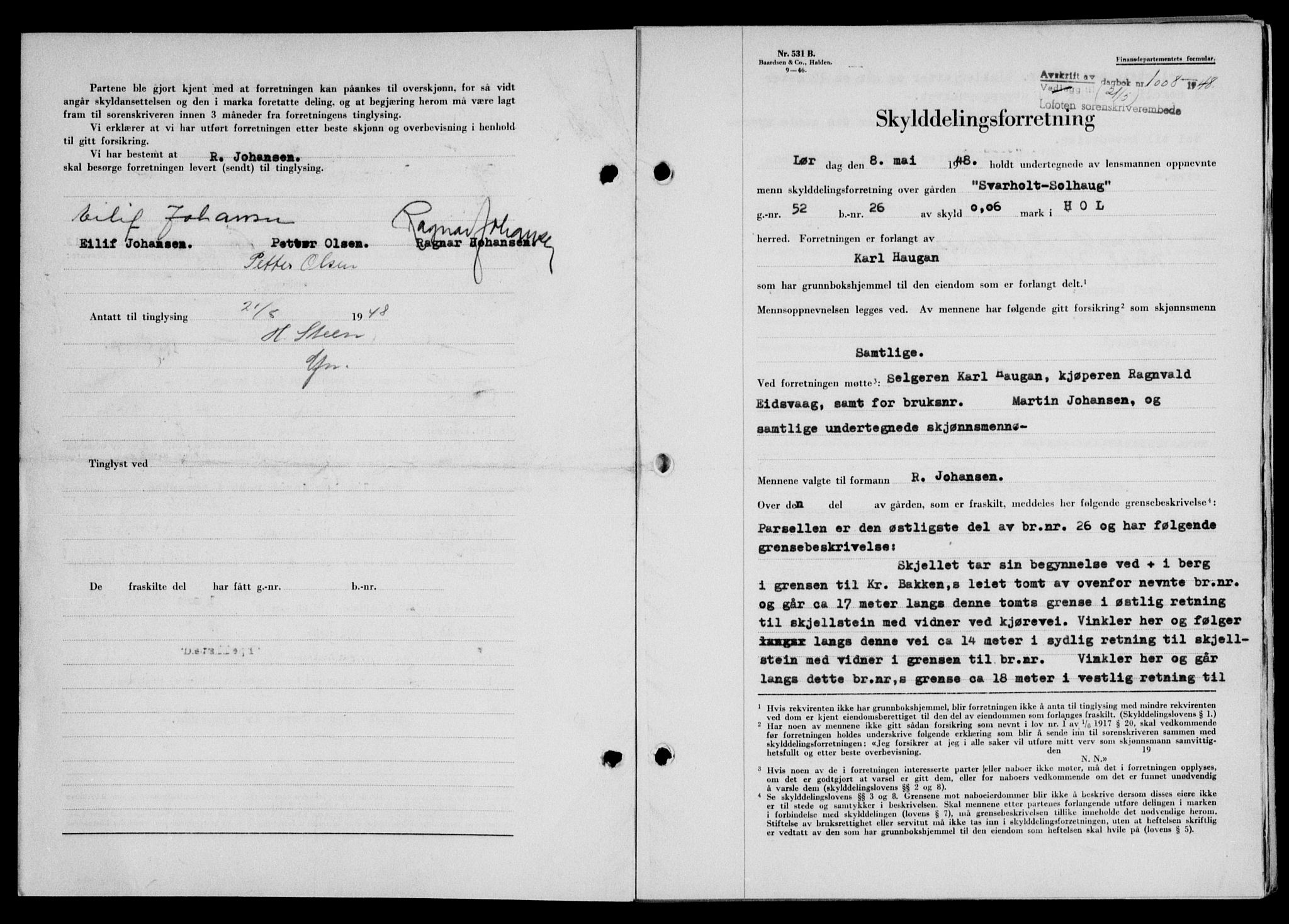 Lofoten sorenskriveri, SAT/A-0017/1/2/2C/L0018a: Mortgage book no. 18a, 1948-1948, Diary no: : 1008/1948