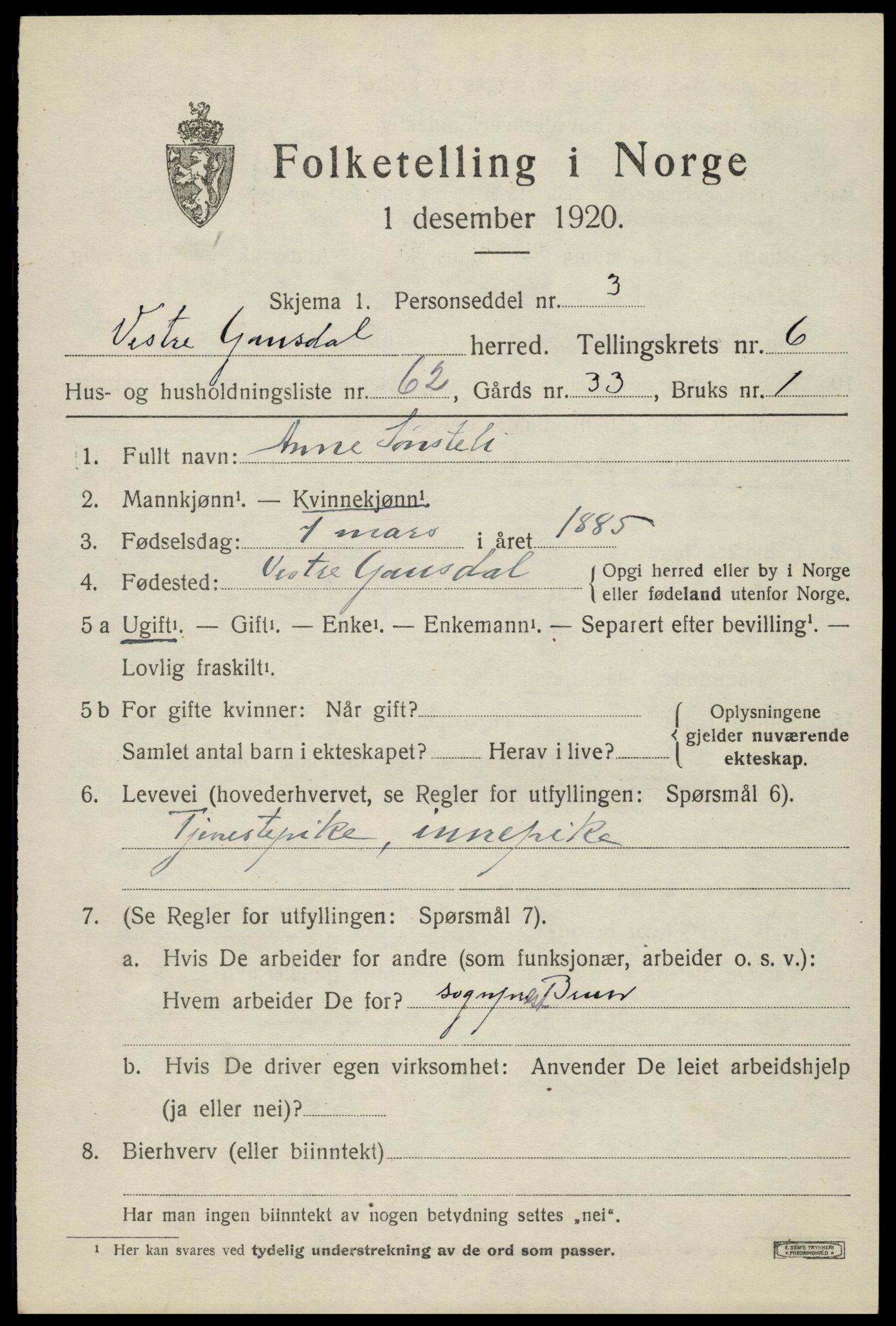 SAH, 1920 census for Vestre Gausdal, 1920, p. 5307