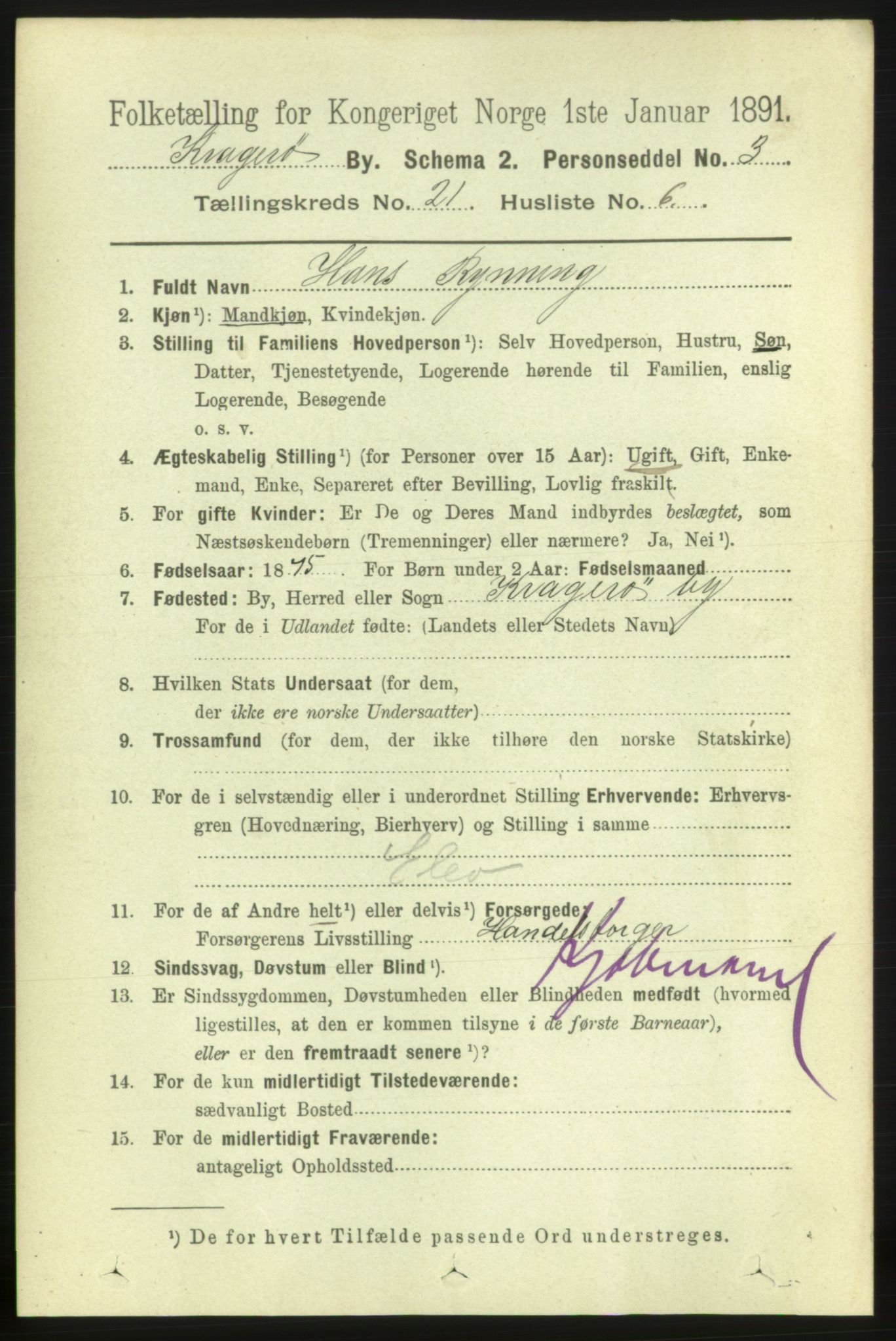 RA, 1891 census for 0801 Kragerø, 1891, p. 4739