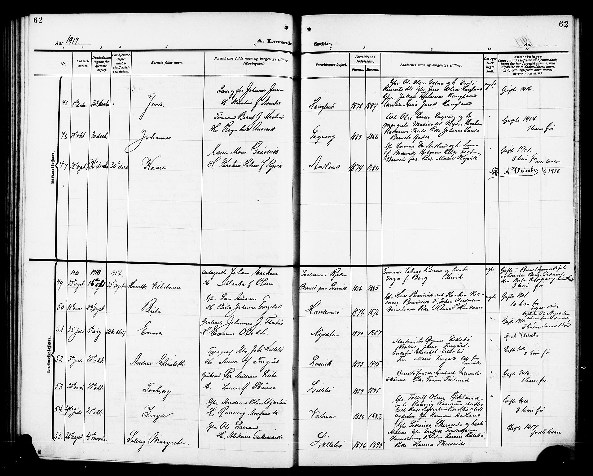 Stord sokneprestembete, AV/SAB-A-78201/H/Hab: Parish register (copy) no. A 3, 1910-1919, p. 62