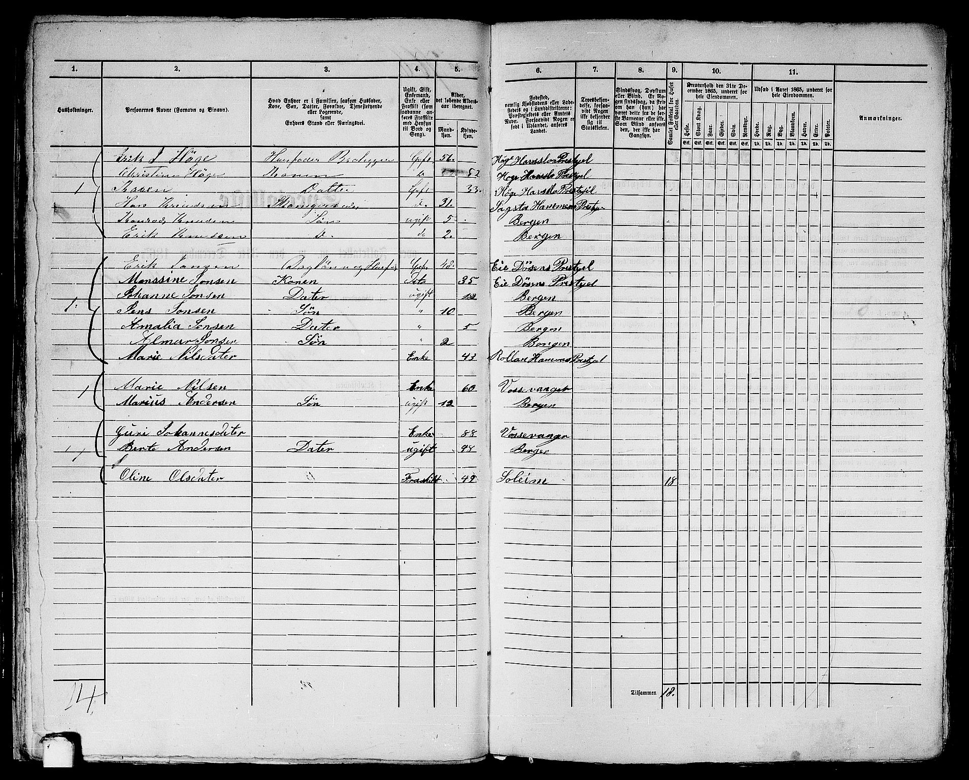 RA, 1865 census for Bergen, 1865, p. 1594