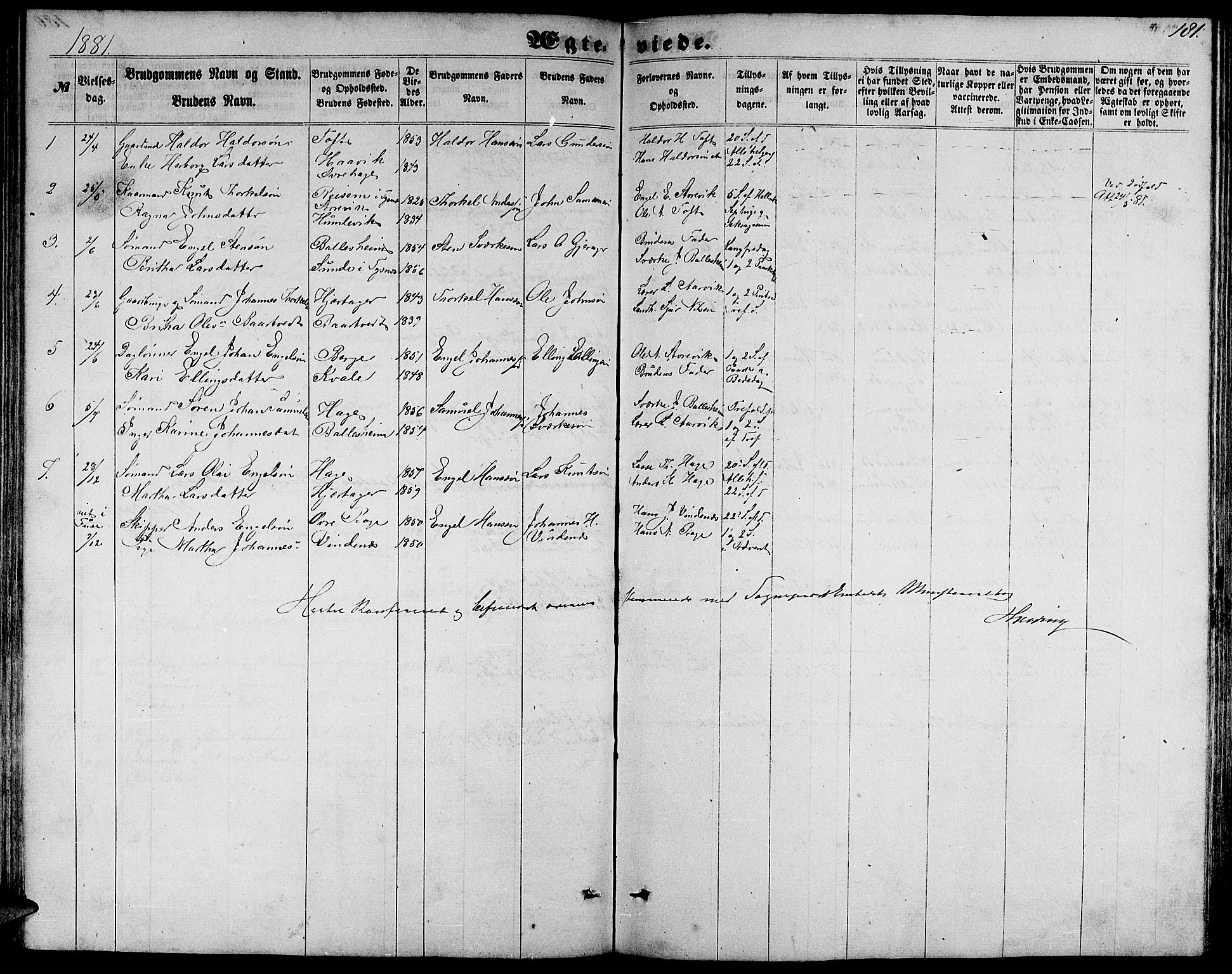 Fusa sokneprestembete, SAB/A-75401/H/Hab: Parish register (copy) no. C 1, 1861-1885, p. 181